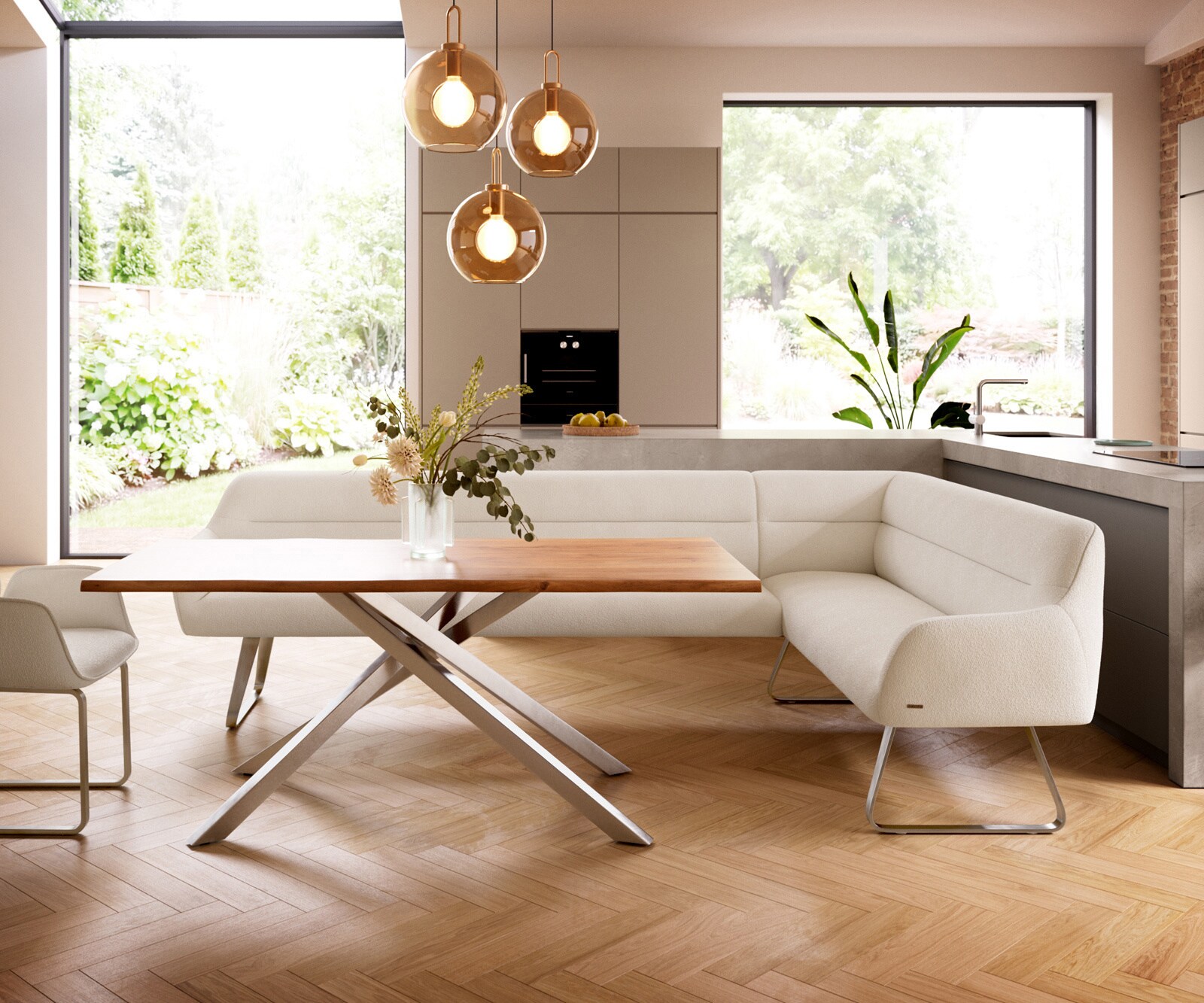 Banc-de-salle-à-manger Taya-Flex 285x190 cm bouclé crème-blanc châssis à patins plat acier inoxydable ressort ensaché liens 2