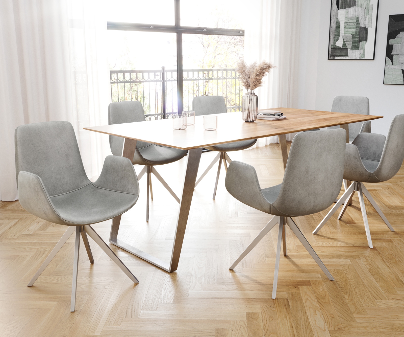 Chaise-de-salle-à-manger Ilia-Flex avec accoudoirs velours gris pied croisé angulaire acier inoxydable brossé 3 Chaise-de-salle-à-manger Ilia-Flex avec accoudoirs velours gris pied croisé angulaire acier inoxydable brossé 3