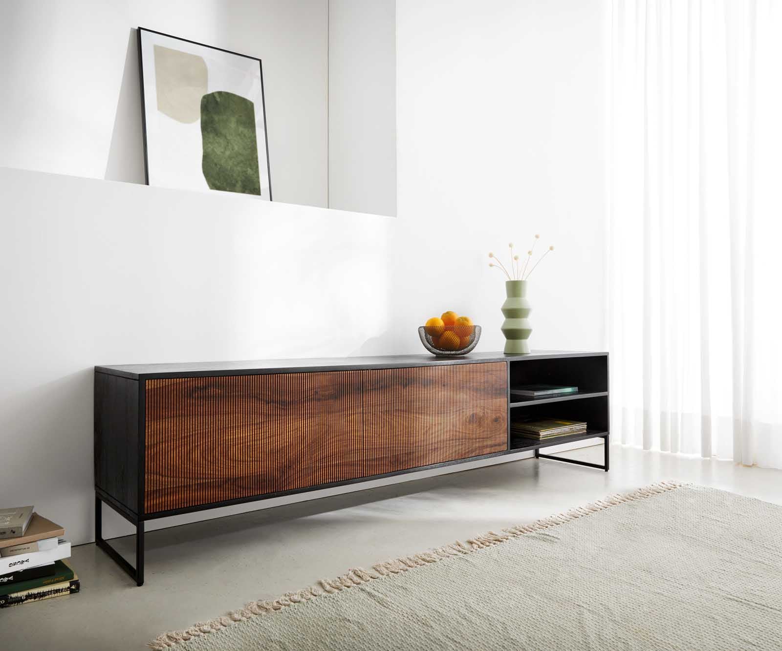 Meuble-TV Vaag 200 cm Sheesham naturel mangue noir 2 portes 2 compartiments Meuble-TV Vaag 200 cm Sheesham naturel mangue noir 2 portes 2 compartiments