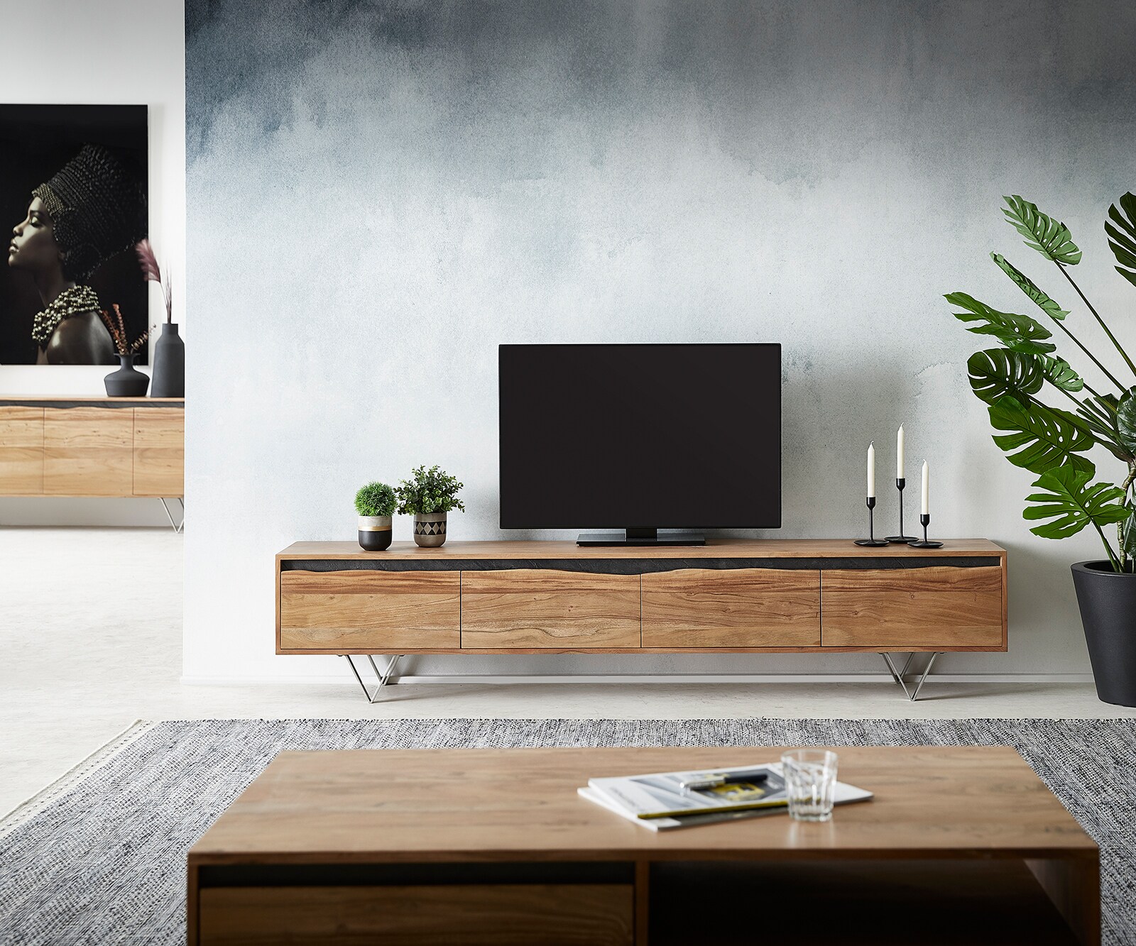 Meuble-TV Stonegrace 220x35 cm acacia nature 4 portes tronc d'arbre 1