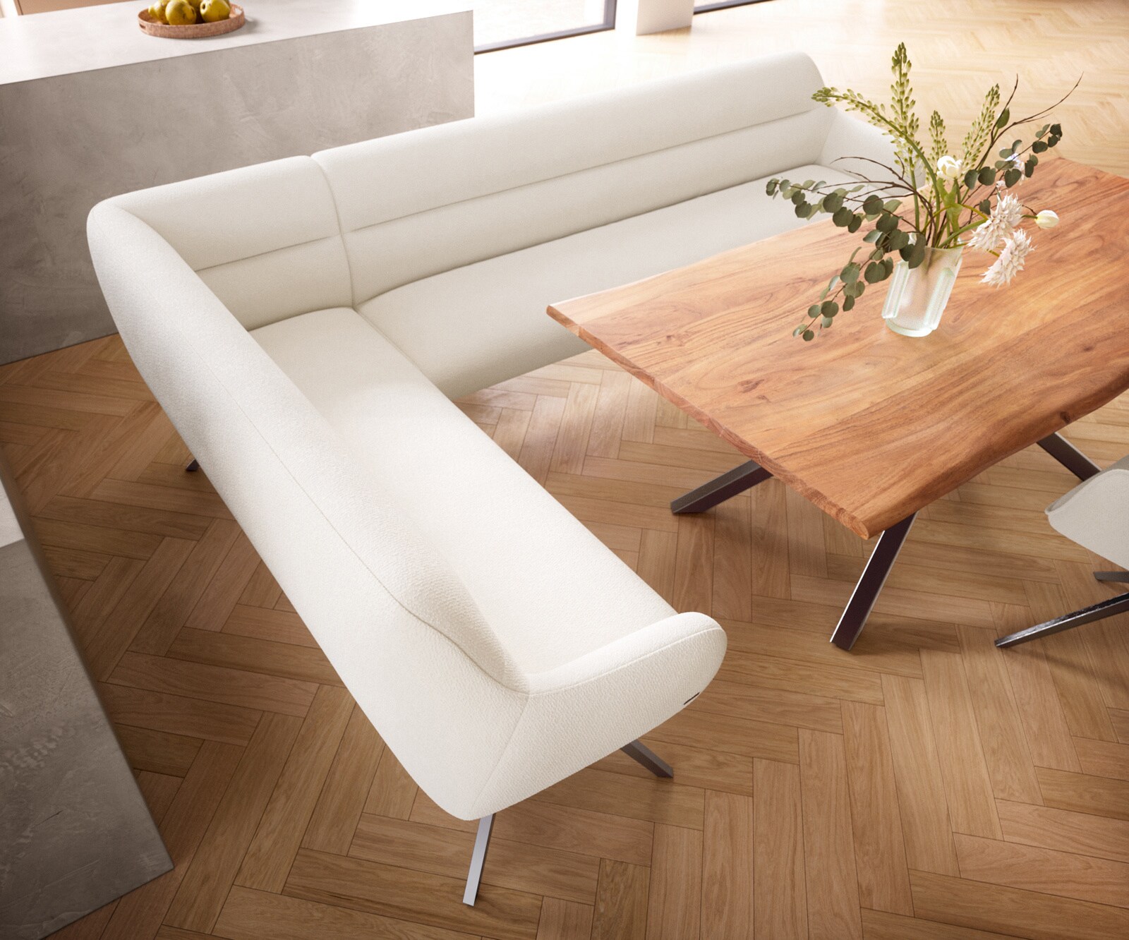 Banc-de-salle-à-manger Taya-Flex 285x190 cm bouclé crème-blanc pied croisé angulaire grafiete ressort ensaché liens 4