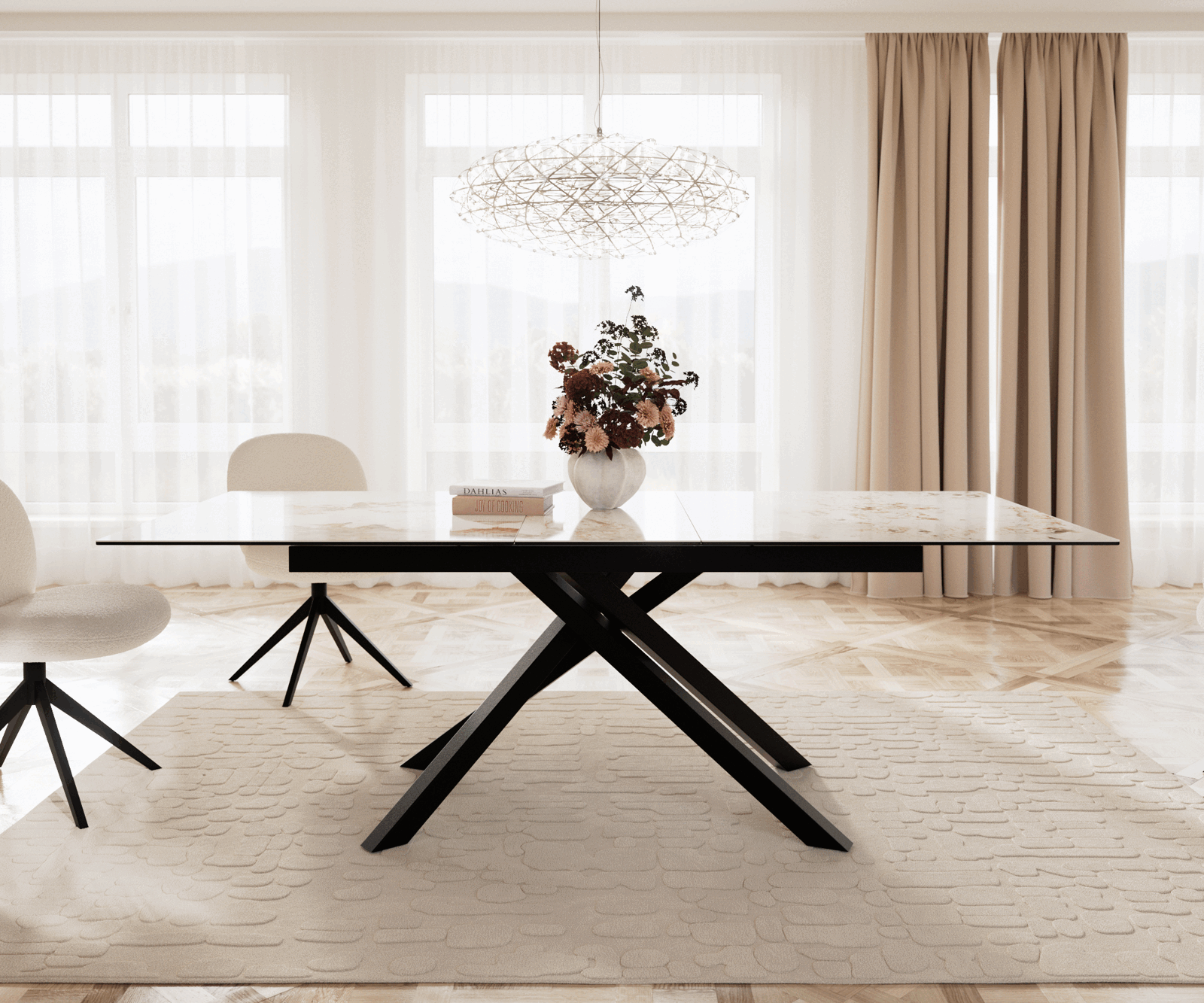 Table à manger Edge 180-220x100 céramique Minas mélange blanc-beige cadre croisé rectangulaire noir extensible 1