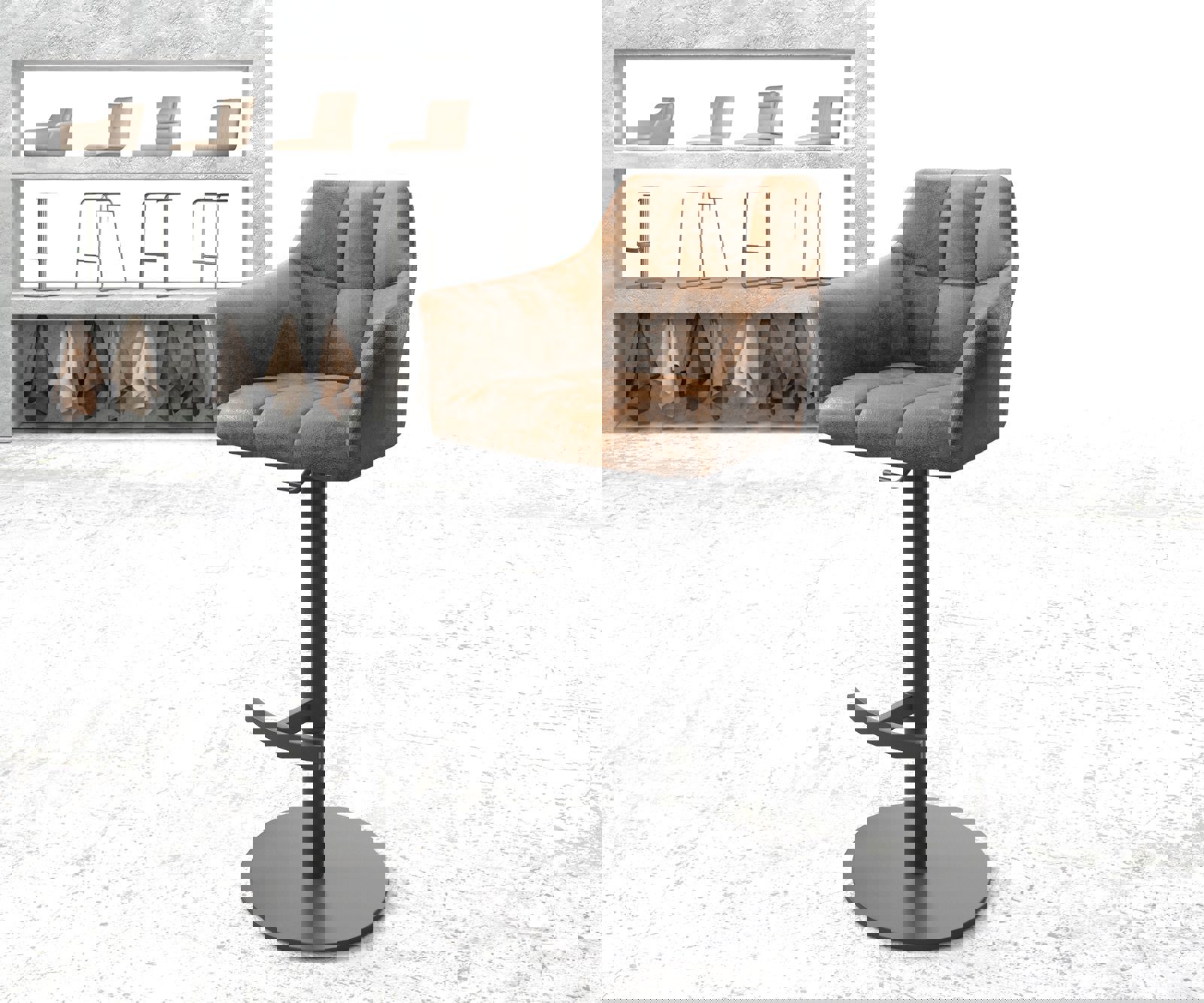 Chaise-de-bar Yulo-Flex vintage marron base tournante réglable en haut métal Chaise-de-bar Yulo-Flex vintage marron base tournante réglable en haut métal