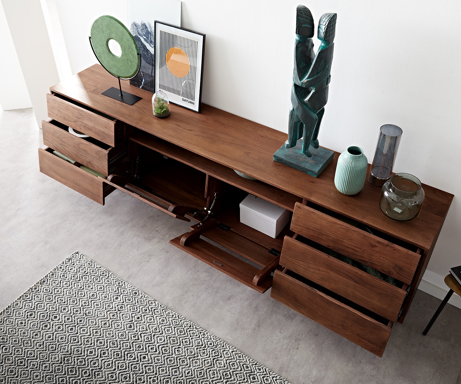 Buffet Eloi 240x40 cm acacia brun 2 portes 6 tiroirs pied en V noir 3 Buffet Eloi 240x40 cm acacia brun 2 portes 6 tiroirs pied en V noir 3