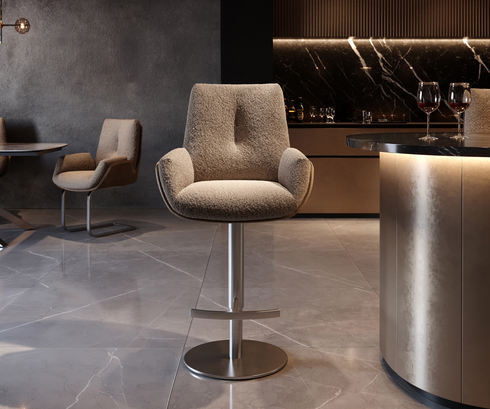 Chaise-de-bar Clea-Flex mélange de matériaux boue pied pivotant réglable en hauteur acier inoxydable pivotant ressorts ensachés 2