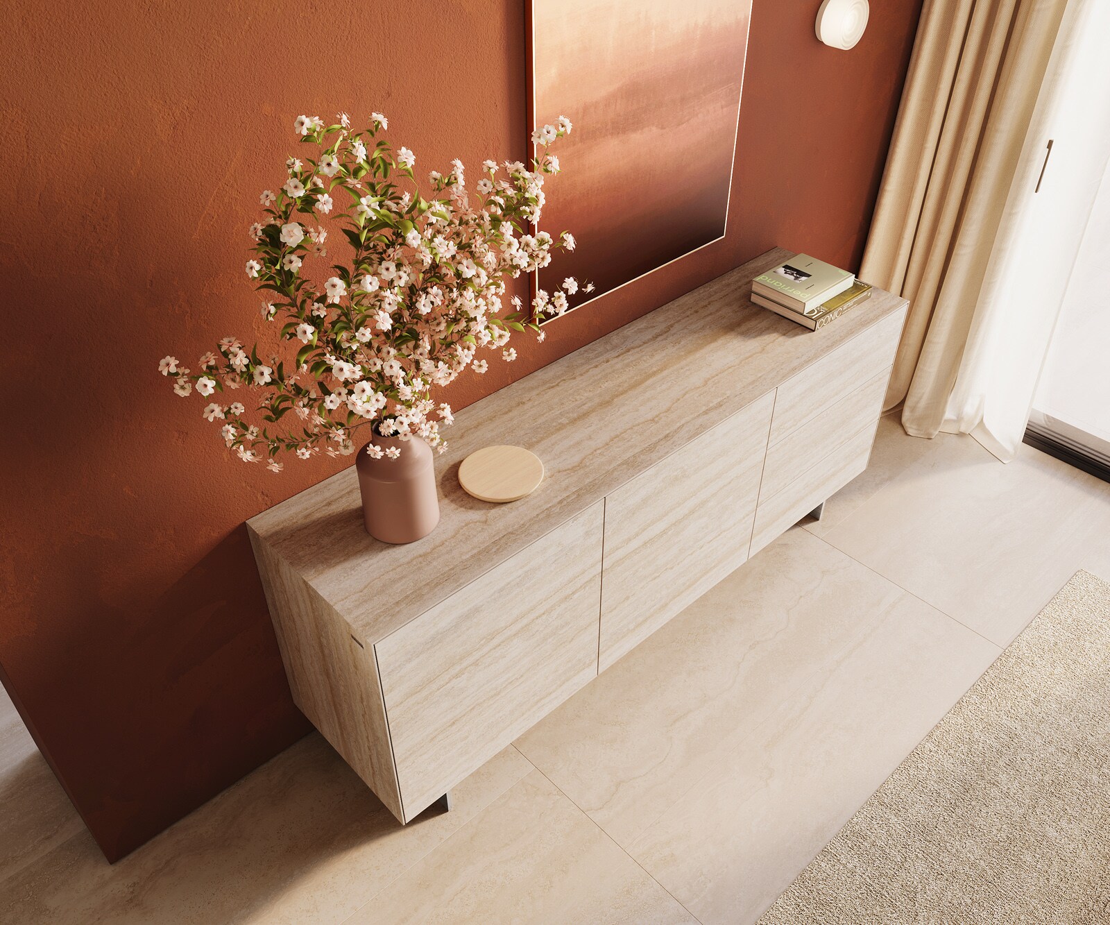 Buffet Cuor 180 cm Céramique Laminam® Travertino Bianco Crème-blanc 2 Portes 3 Tiroirs Pied optique flottant Ancier inoxydable 3
