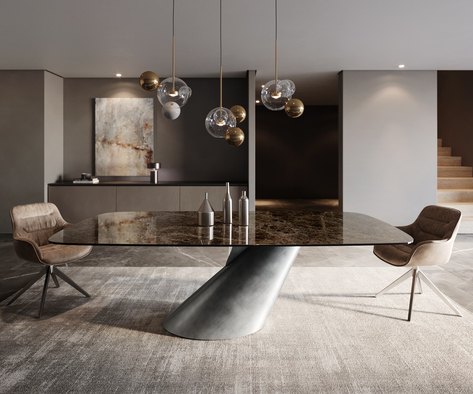 Table à manger Edge Boot 240x120 céramique Laminam® Emperador Extra Lucidato marron foncé Cono métallique argent 2