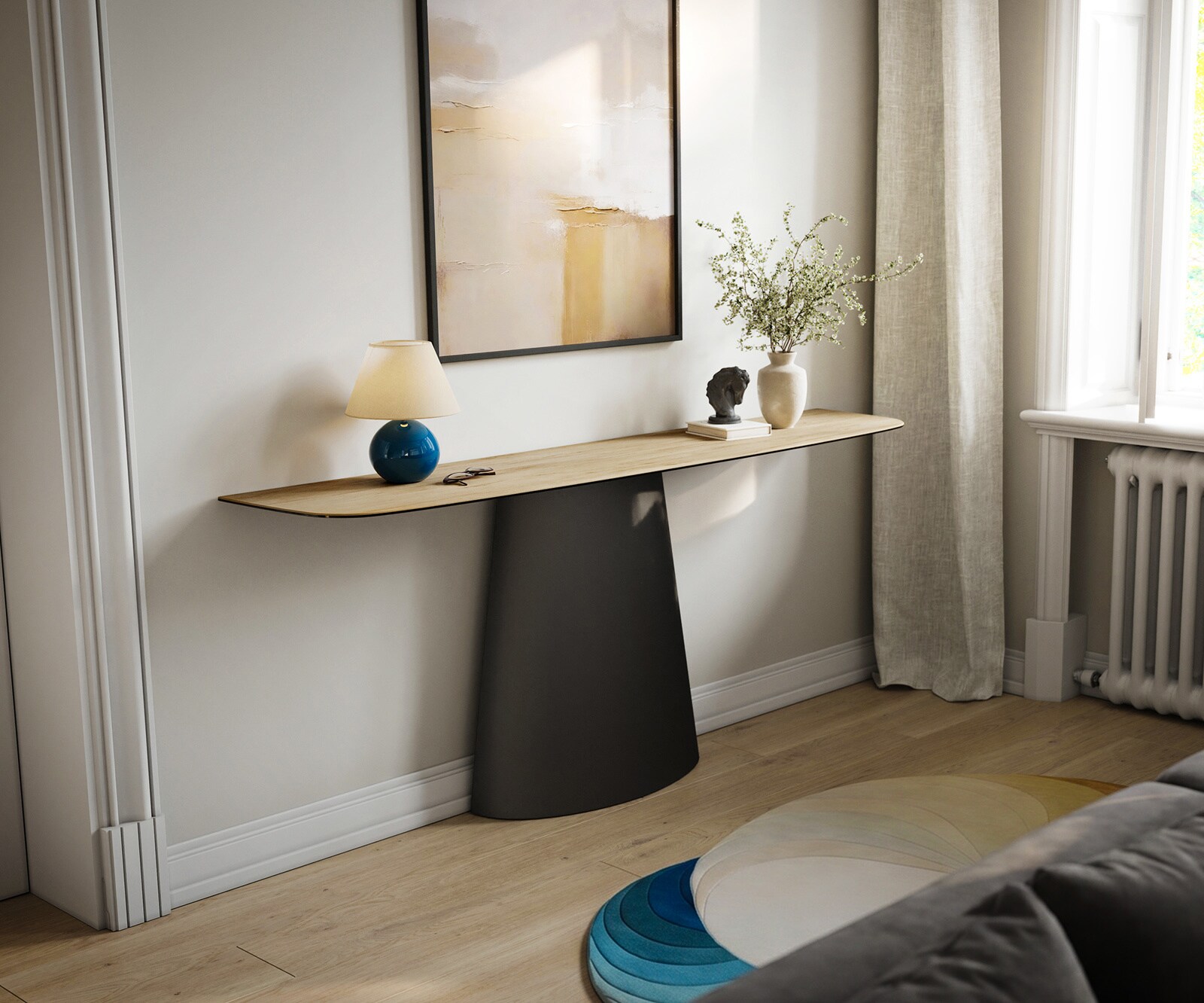 Console Edge forme bateau 180x40 cm Céramique Laminam® Sabbia Eichefarbig Conos Métal Noir 1