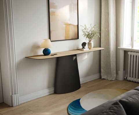 Console Edge forme bateau 180x40 cm Céramique Laminam® Sabbia Eichefarbig Conos Métal Noir