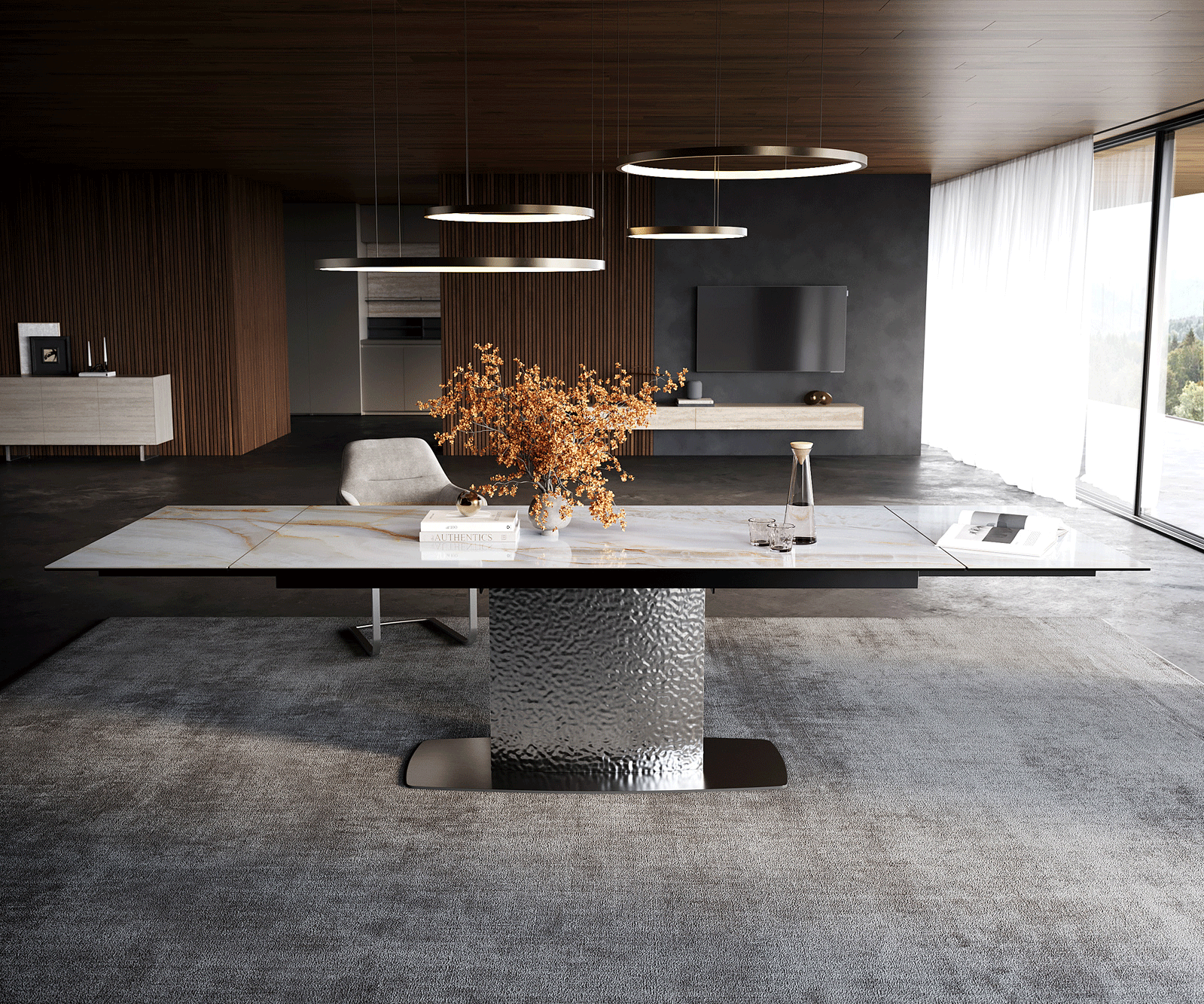 Table à manger extensible Edge 200-300x100 cm céramique Onyx Pearl Wave inox 2