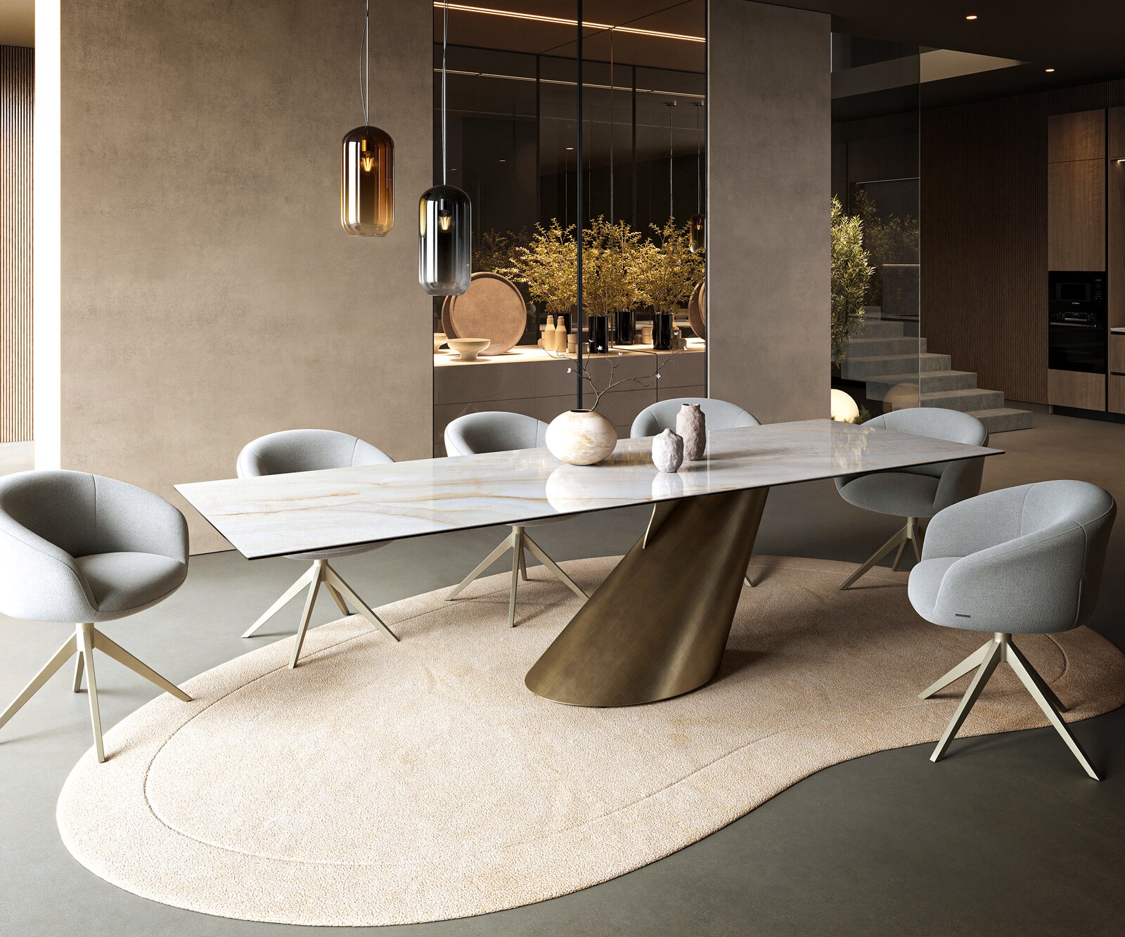 Table à manger Edge 300x100 cm céramique Onyx Pearl Cono métal doré 7