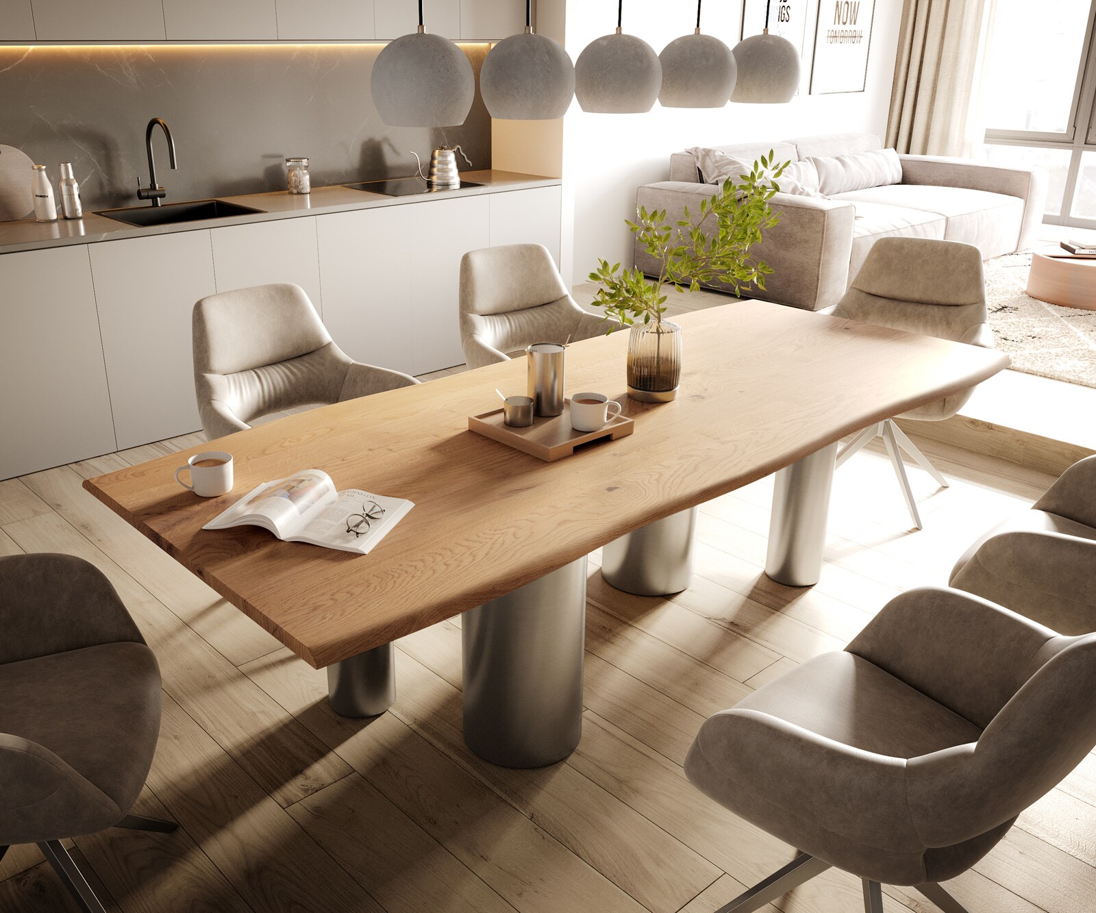 Table à manger Edge 260x100x2,5-3 Chêne Nature Pilier Acier inoxydable brossé Live-Edge 1