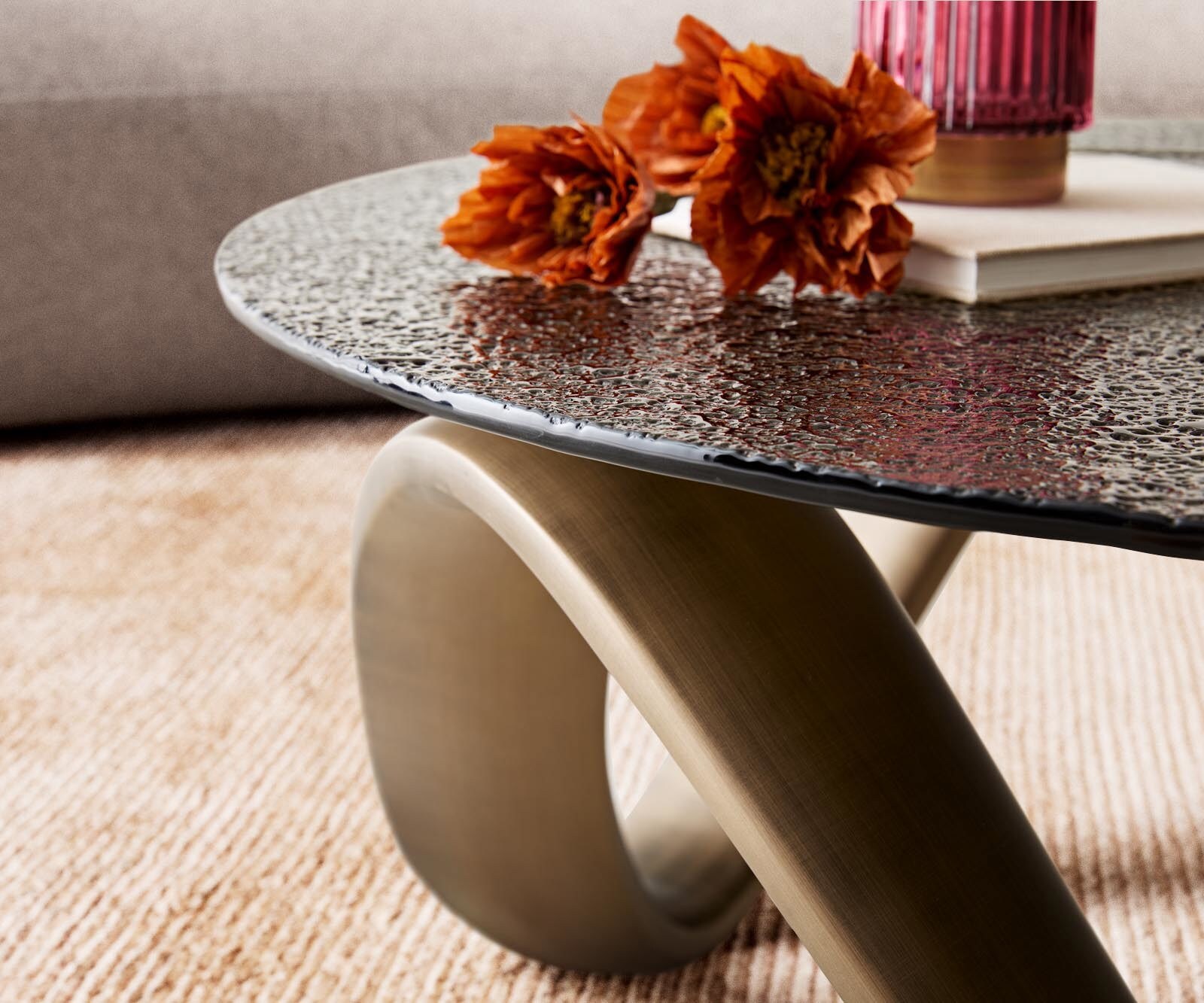 Table basse Tanju 90x90 cm Or avec verre en relief Taupe 3