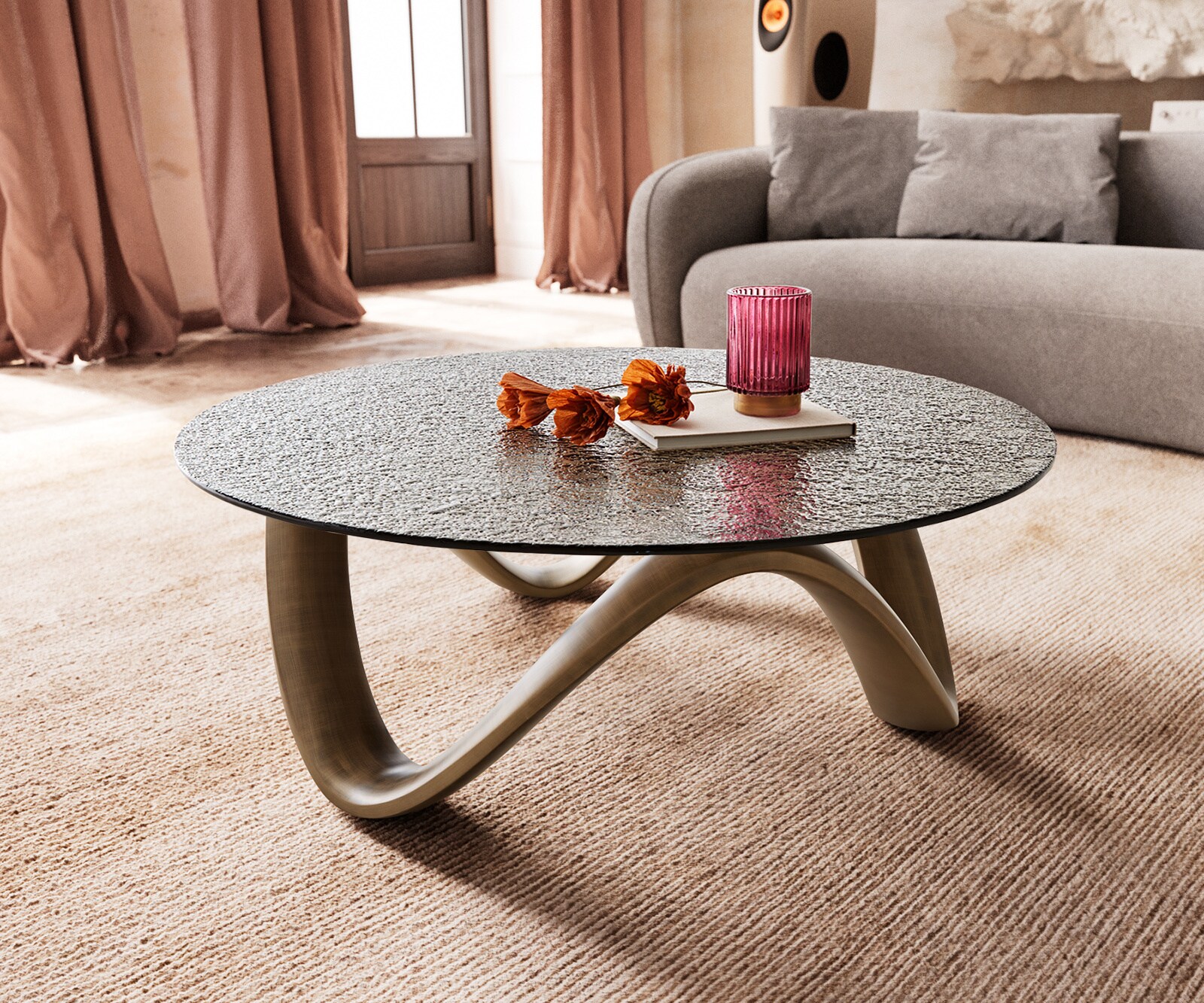 Table basse Tanju 90x90 cm Or avec verre en relief Taupe