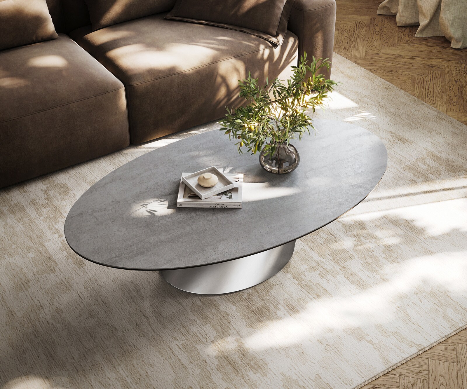 Table basse Edge ovale 140x80 cm céramique béton gris Conis acier inoxydable brossé 3