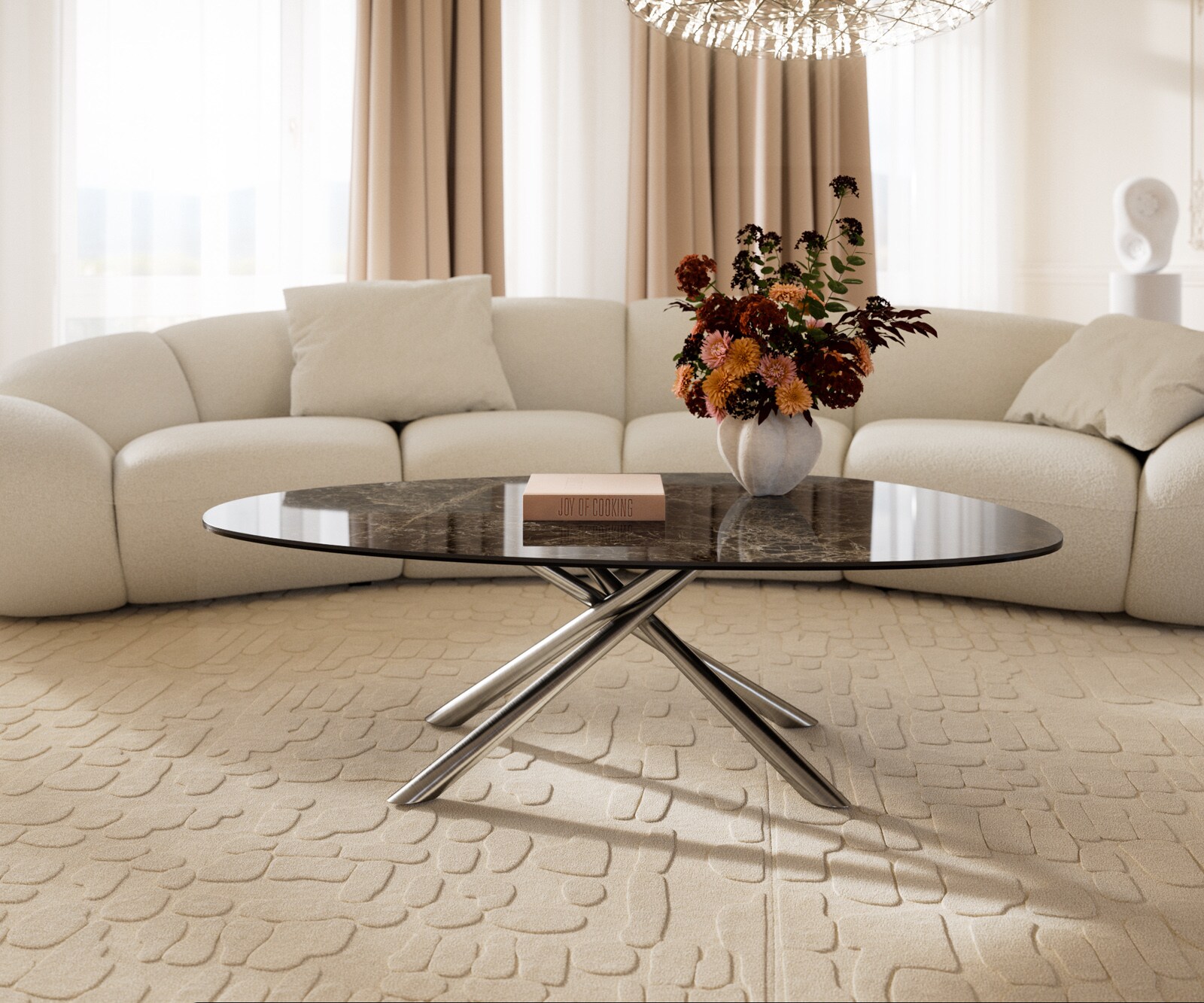 Table basse Edge Oval 140x75 cm céramique Laminam® Emperador Extra Lucidato brun foncé Sarity acier inoxydable brossé 1