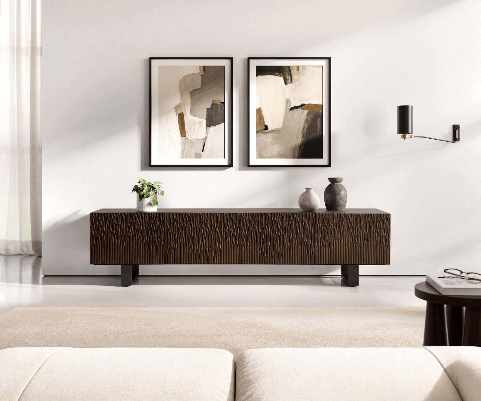 Meuble-TV Follia 200 cm brun manguier 4 portes patins métal noir 2