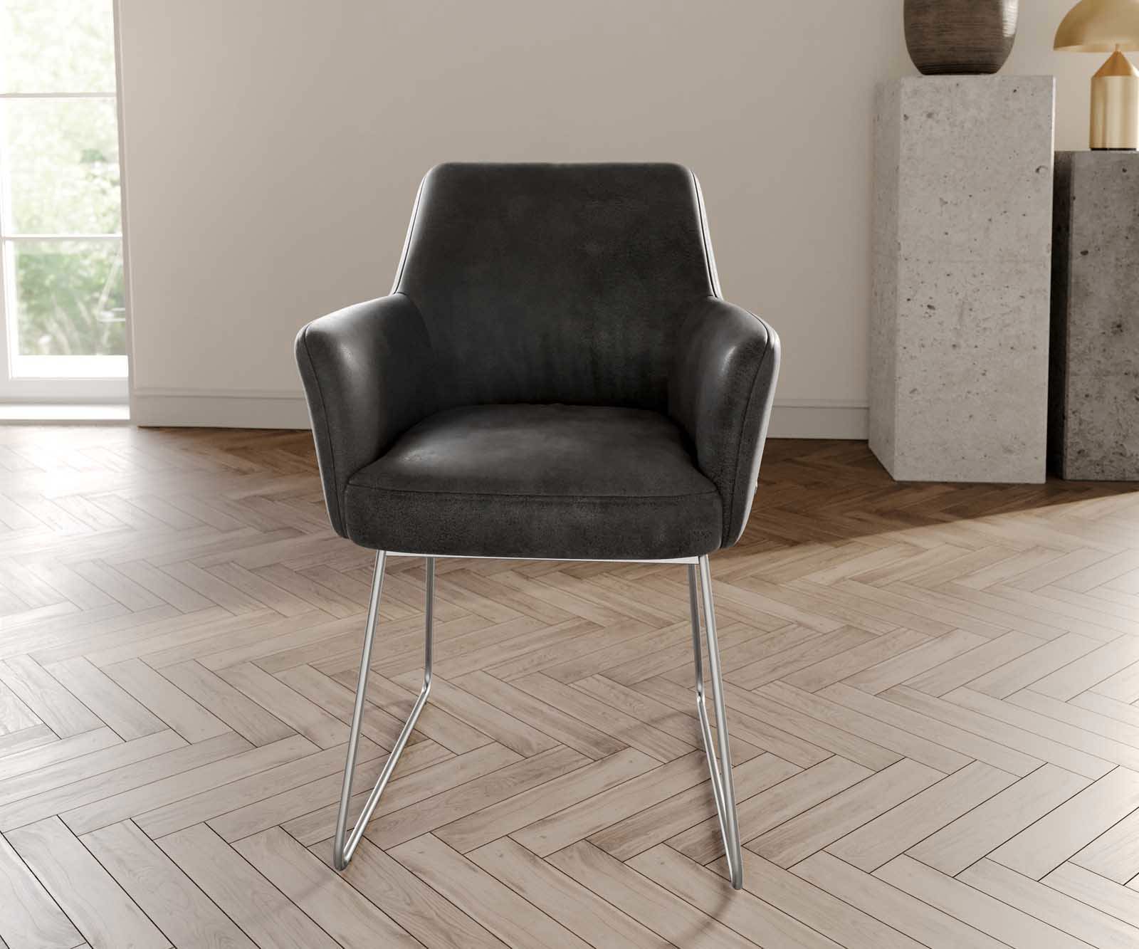 Chaise-de-salle-à-manger Xana-Flex avec accoudoirs microvelours anthracite vintage pied trapèze acier inoxydable brossé ressorts ensachés 1