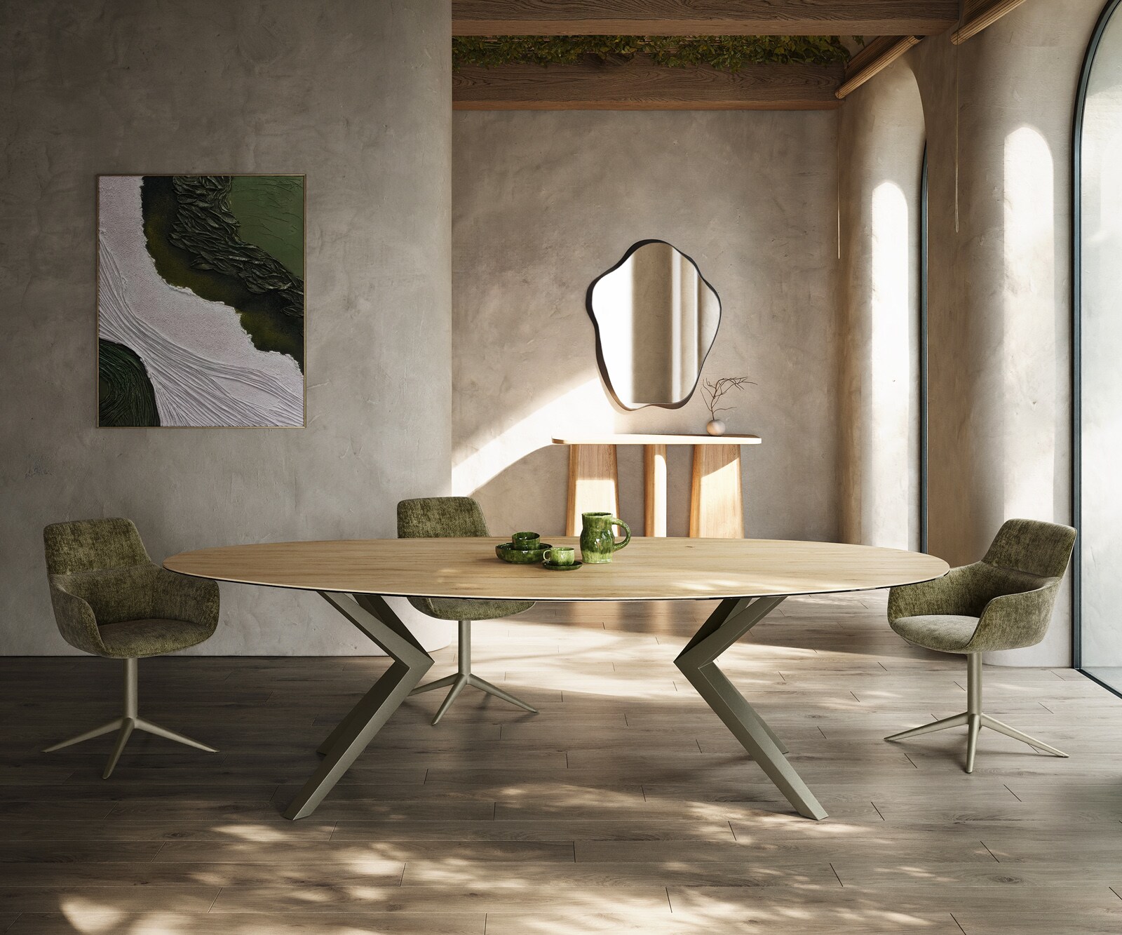 Table à manger Edge Ovale 280x130 Céramique Laminam® Sabbia Couleur chêne Zenthara anguleux Métal finition à effet Titane 2