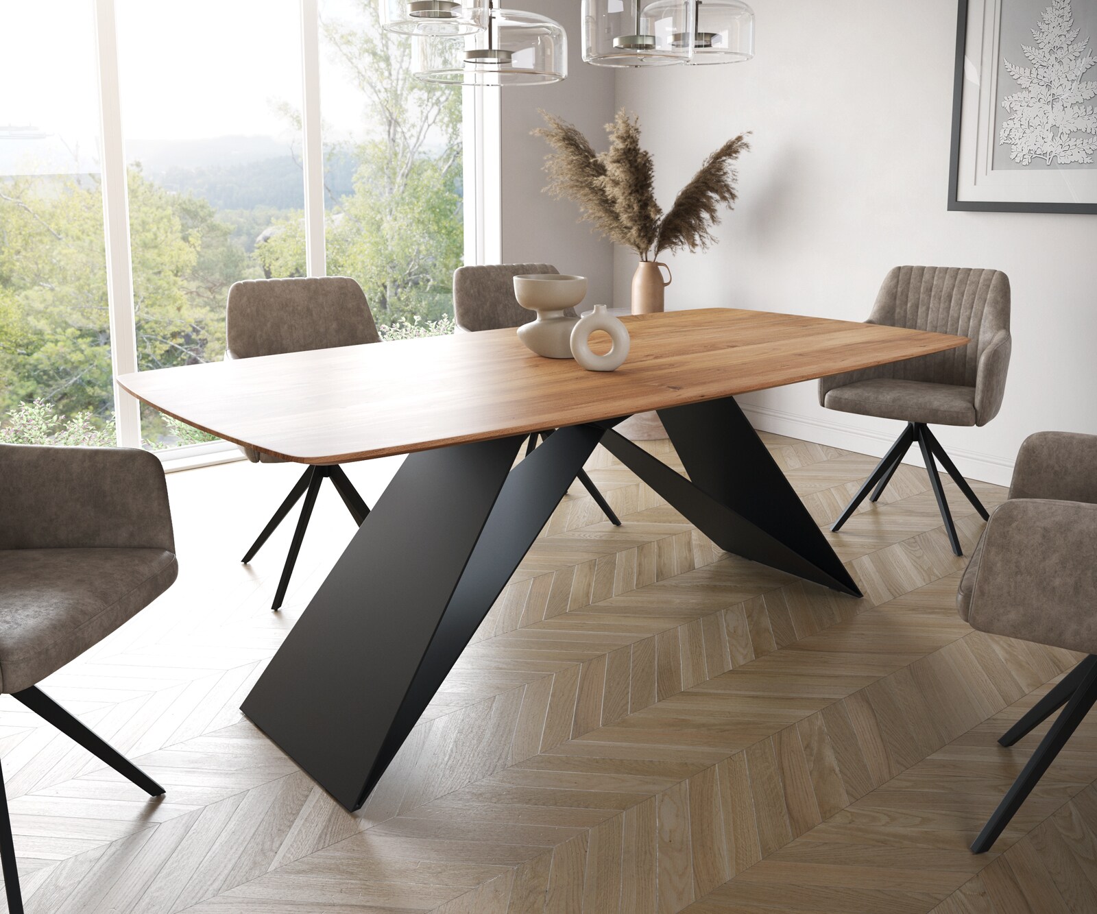 Table à manger Edge Boot 200x100 acacia nature cadre en V acier plat noir bord suisse