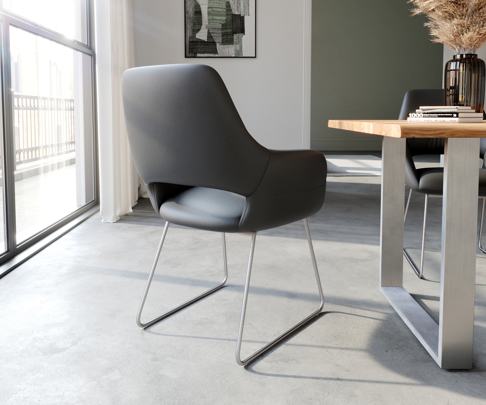 Chaise-de-salle-à-manger Yago-Flex avec accoudoirs cuir de vache noir pied trapèze acier inoxydable brossé ressorts ensachés 4 Chaise-de-salle-à-manger Yago-Flex avec accoudoirs cuir de vache noir pied trapèze acier inoxydable brossé ressorts ensachés 4