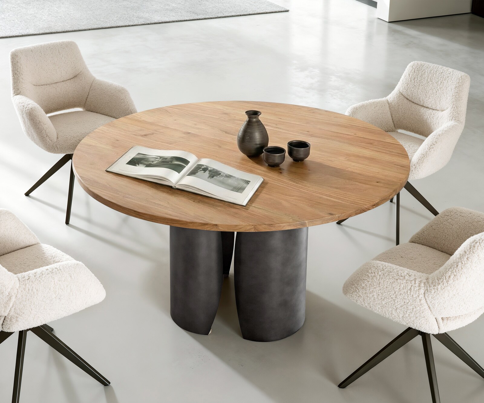 Table-à-manger Adenza ronde 140 x 140 cm Acacia naturel Métal noir antique 2