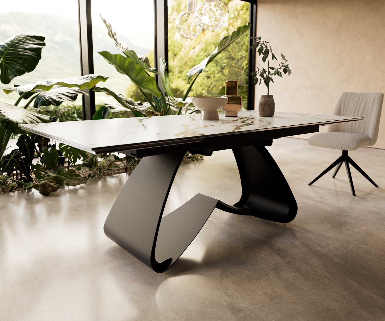 Table à manger Edge 200-300x100 céramique Calacatta Luxe blanc-doré-gris cadre en W noir extensible 6 Table à manger Edge 200-300x100 céramique Calacatta Luxe blanc-doré-gris cadre en W noir extensible 6