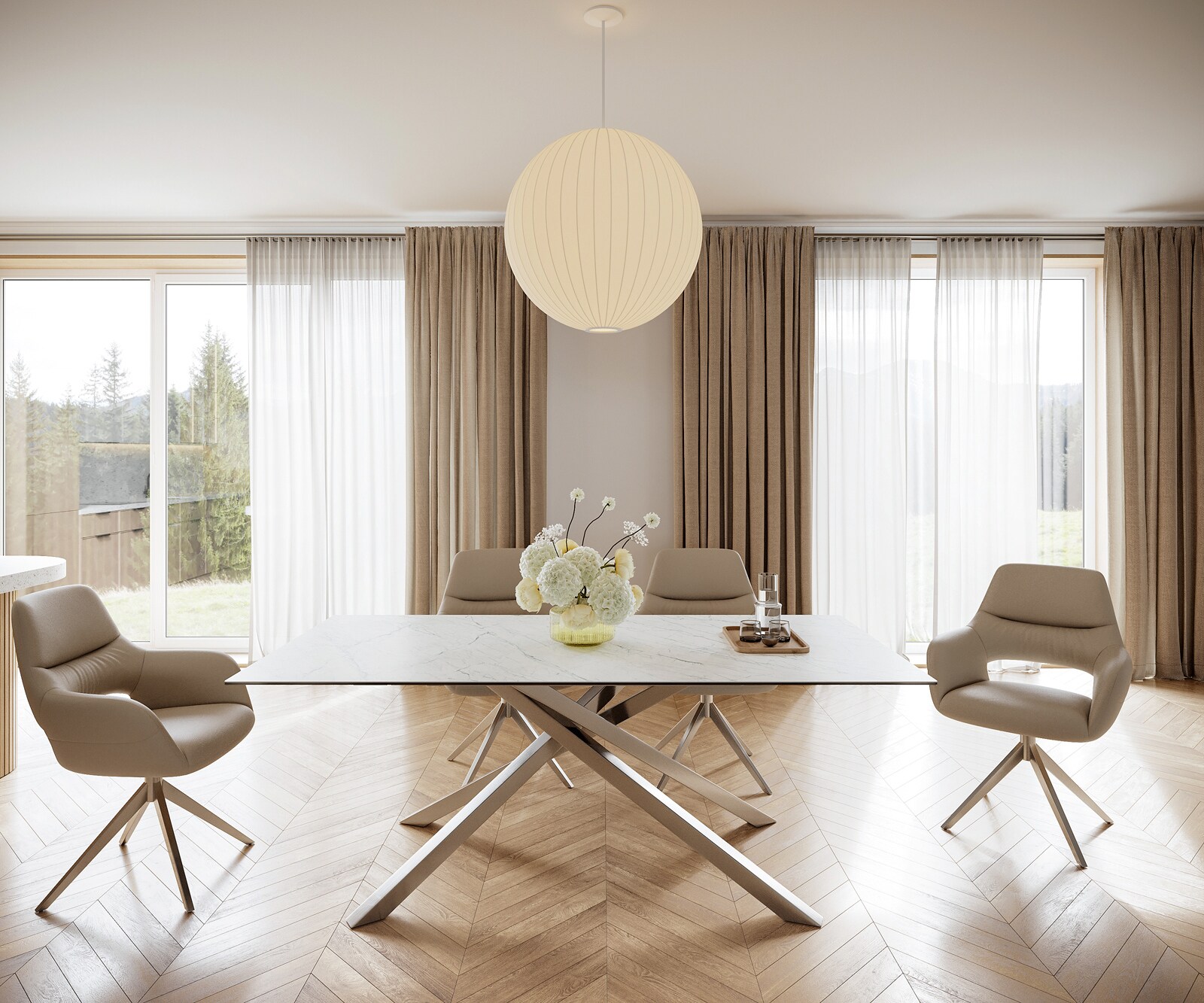 Table-à-manger Edge 200x100cm Laminam® céramique blanc pieds milieu croisé argent 1