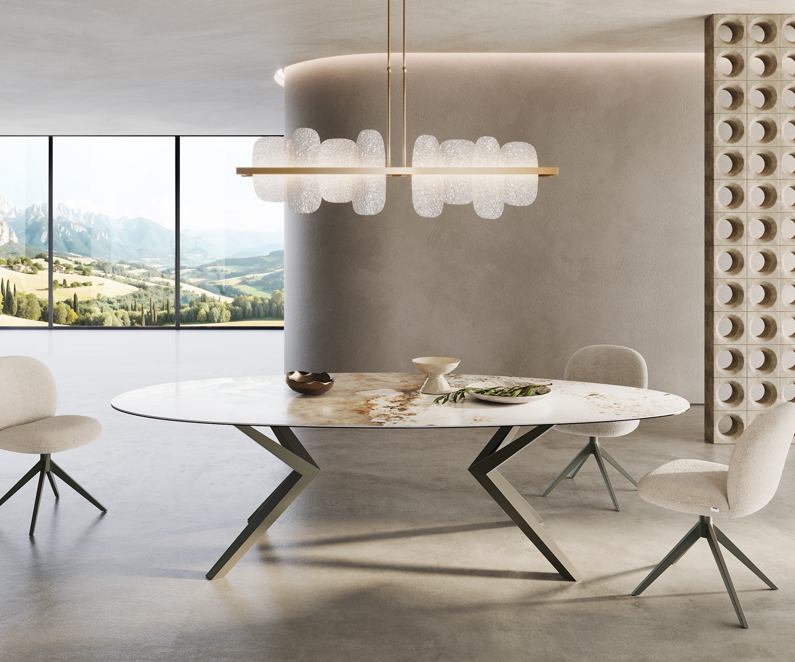 Table à manger Edge Ovale 280x130 Céramique Minas Melange Blanc-Beige Zenthara anguleux Métal finition à effet Titane 1
