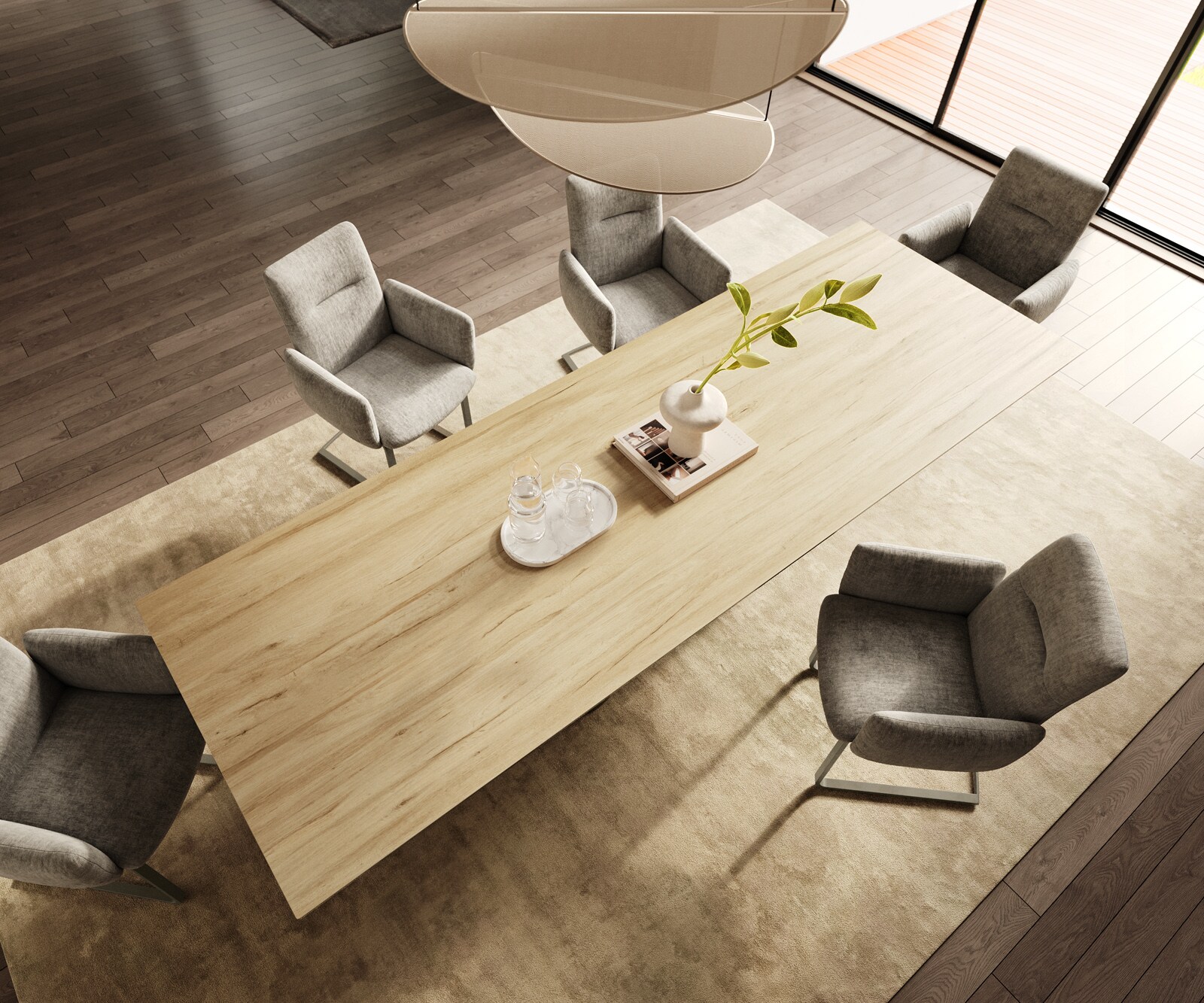 Table à manger Edge 300x100 Céramique Laminam® Sabbia Couleur chêne Pilier Métal finition à effet Titane 3