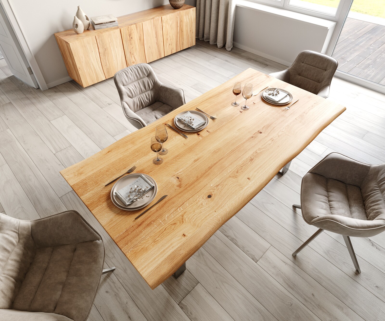 Table-à-manger Edge 200x100x2,5-3 chêne nature acier inoxydable mince Live-Edge 3