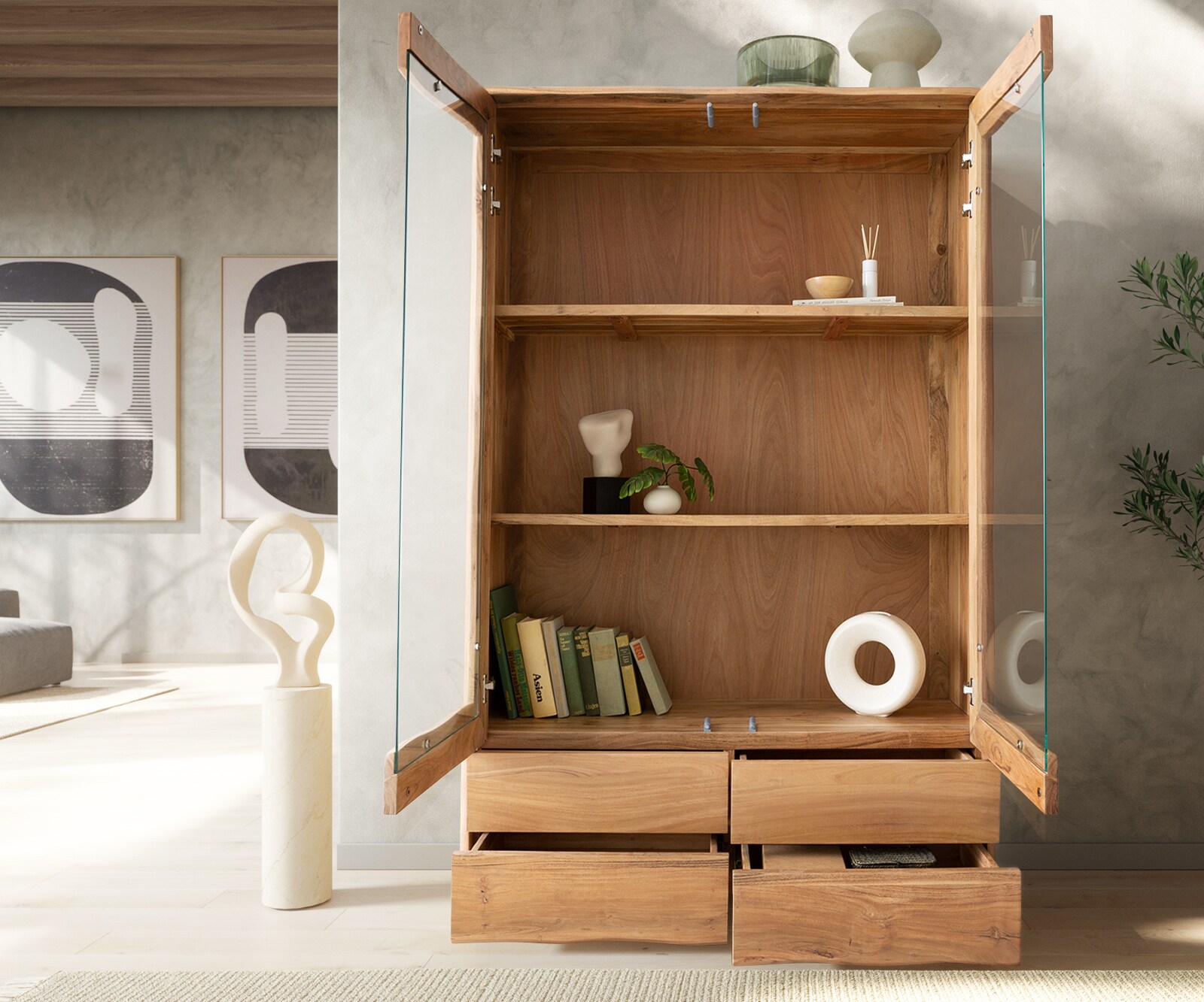 Vitrine Live-Edge 120x190 cm Acacia Naturel 2 portes 4 tiroirs Massif 3