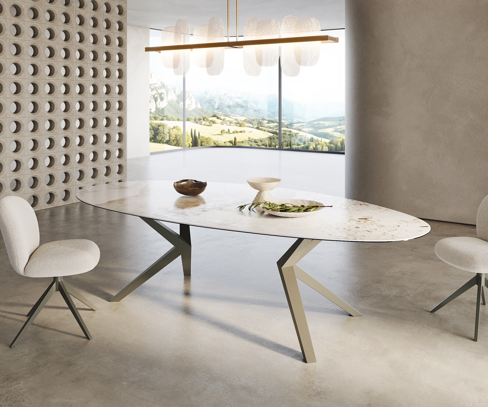 Table à manger Edge Ovale 280x130 Céramique Minas Melange Blanc-Beige Zenthara anguleux Métal finition à effet Titane 4