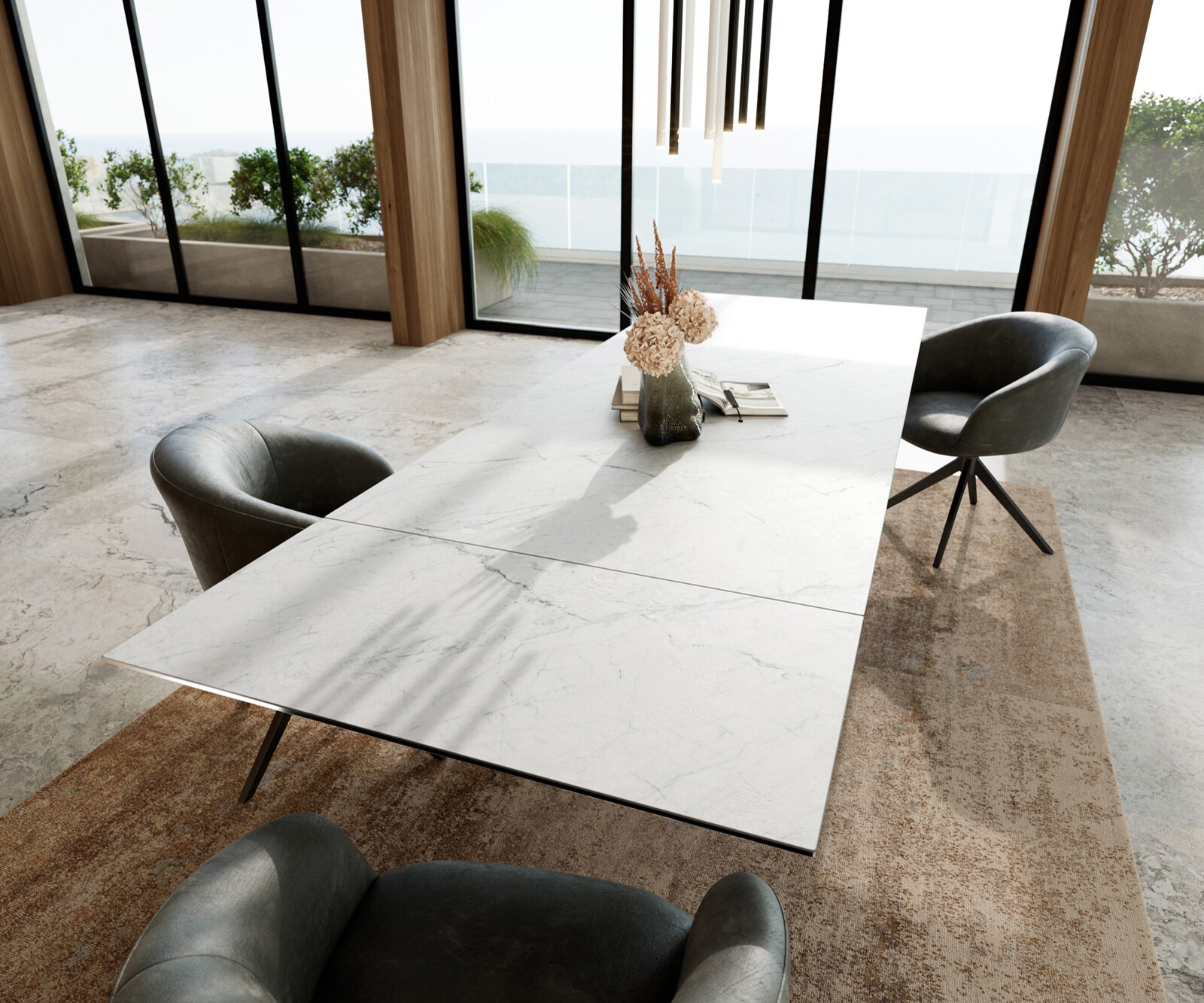 Table à manger Edge 200-300x100 cm Céramique Laminam®Statuarietto Blanc Infinity Métal Noir extensible 7