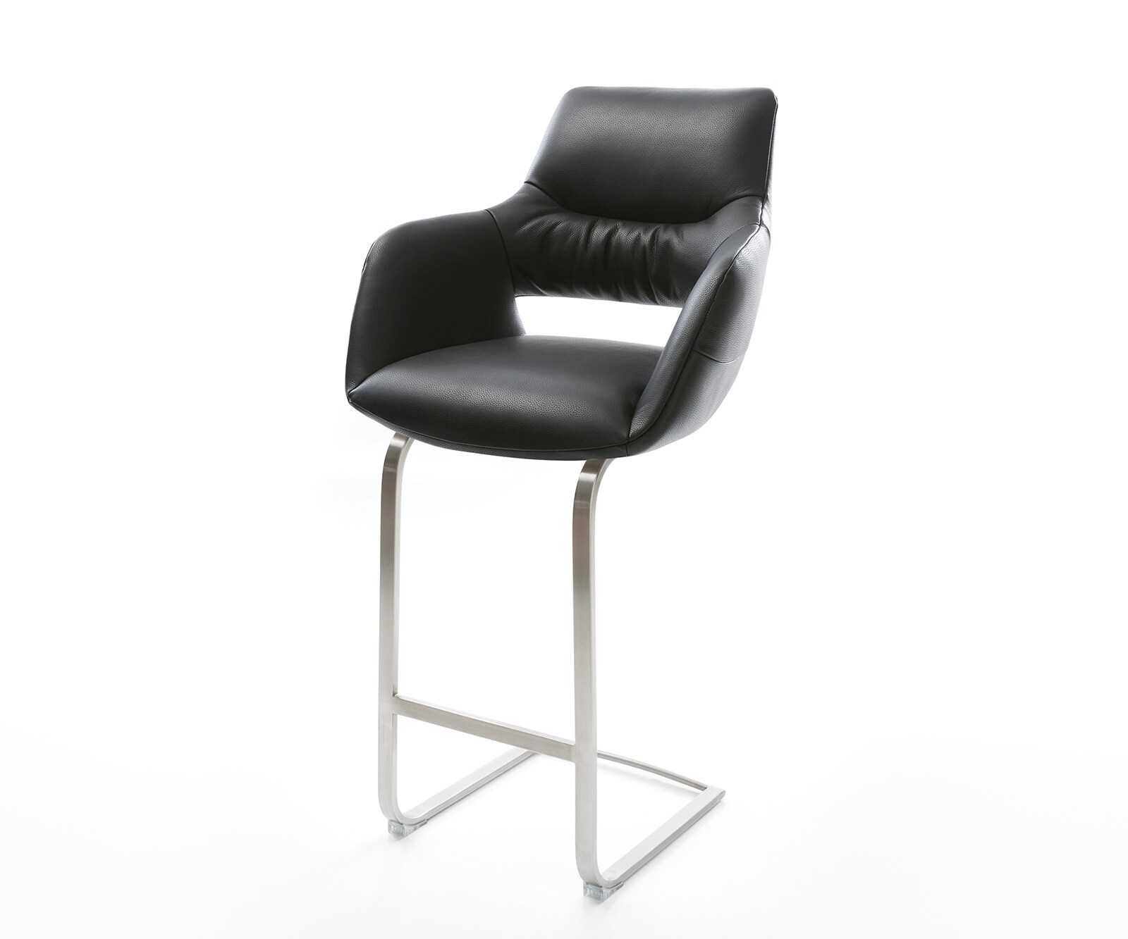 Chaise-de-bar Yago-Flex cuir véritable noir piétement luge plat acier inoxydable ressorts ensachés