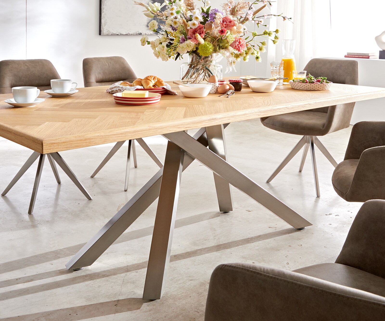Table à manger Edge-pure 200x100 chêne nature Fishbone cadre croisé rectangle acier inoxydable 5