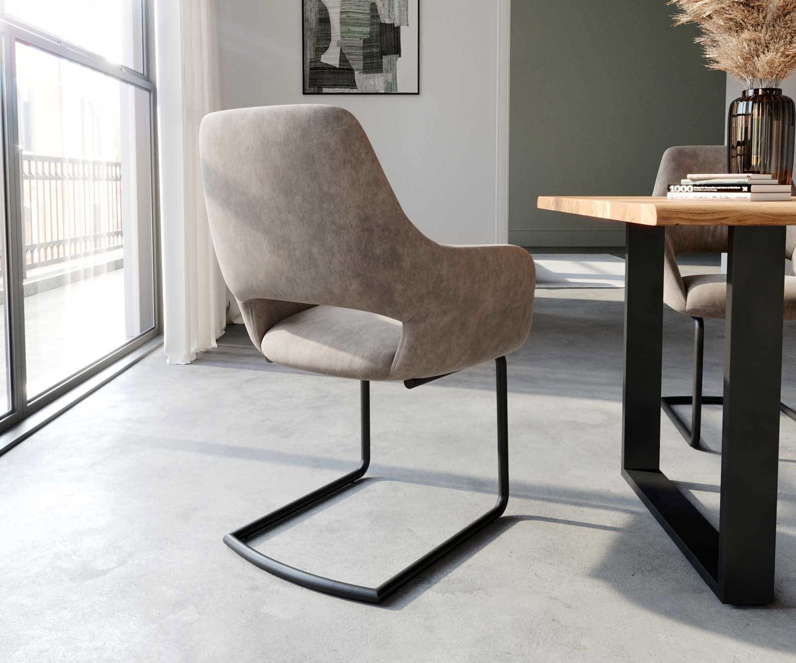 Cantilever Yago-Flex avec accoudoirs microvelours taupe vintage pied cantilever rond noir ressorts ensachés 5