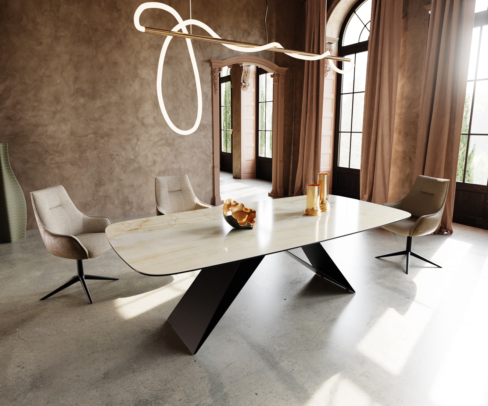 Table à manger Edge Oval 240x120 Céramique Iris FMG Onice Oro Piétement en V Acier plat noir Table à manger Edge Oval 240x120 Céramique Iris FMG Onice Oro Piétement en V Acier plat noir