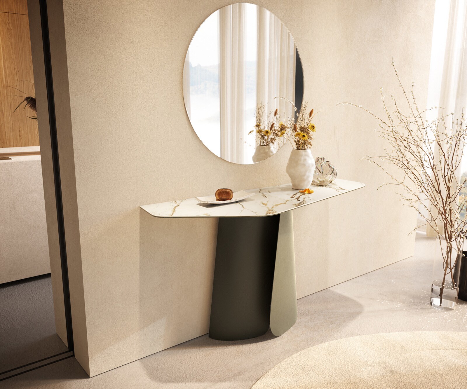 Console Edge Polygonal 140x50 cm Céramique Calacatta Luxe Weiß-Gold-Gris Livos Métal Effektfinish Titan 1