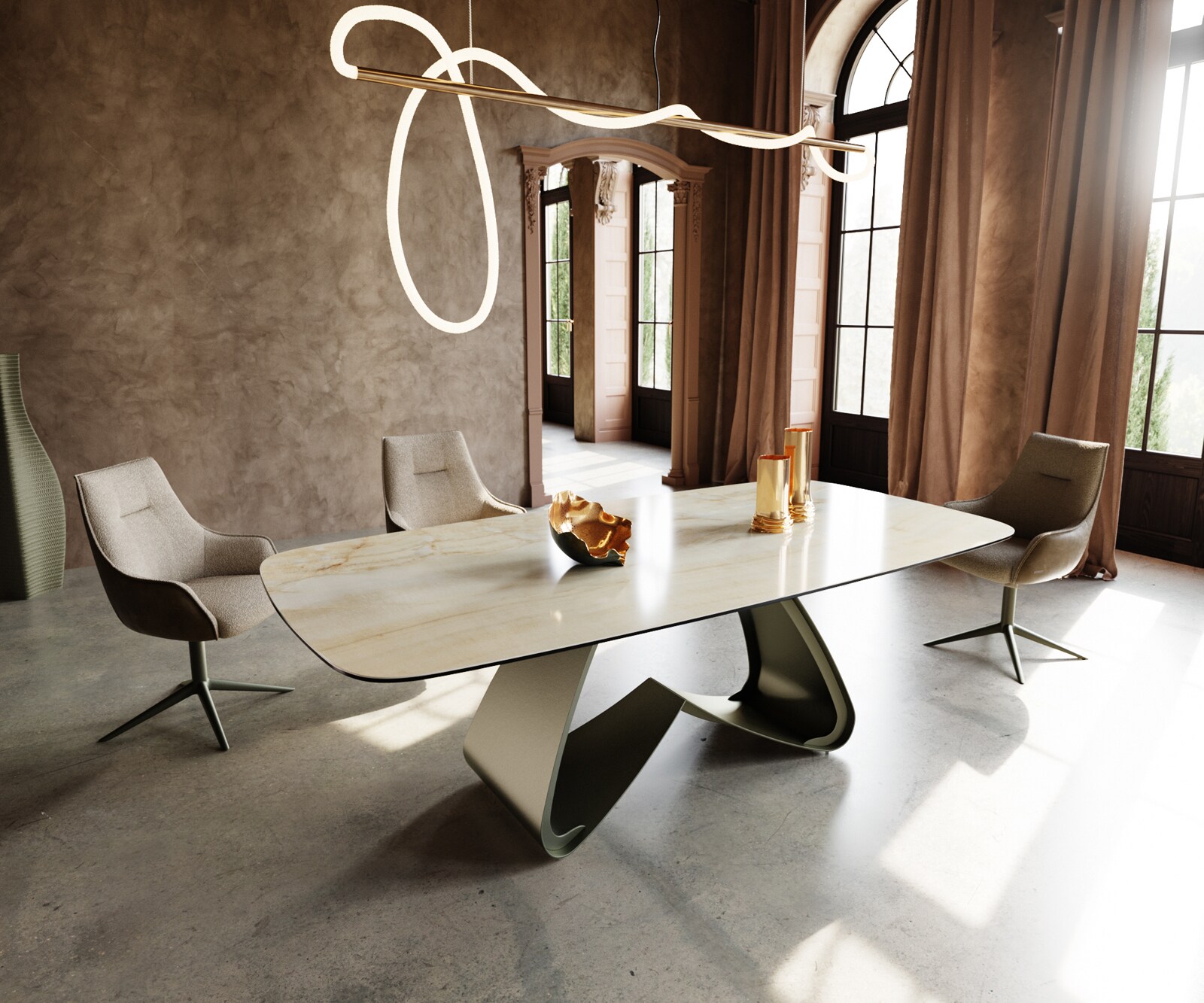 Table à manger Edge Boot 240x120 cm Céramique Iris FMG Onice Oro piètement en W Métal Finition effet Titan 1