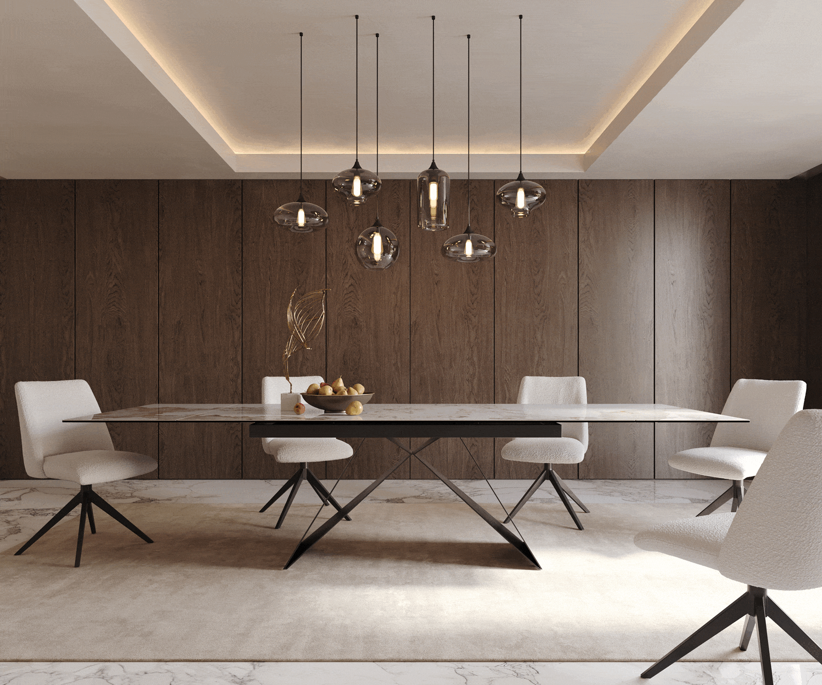 Table à manger Edge 200-300x100 céramique Minas mélange blanc-beige cadre en V acier plat noir extensible 1