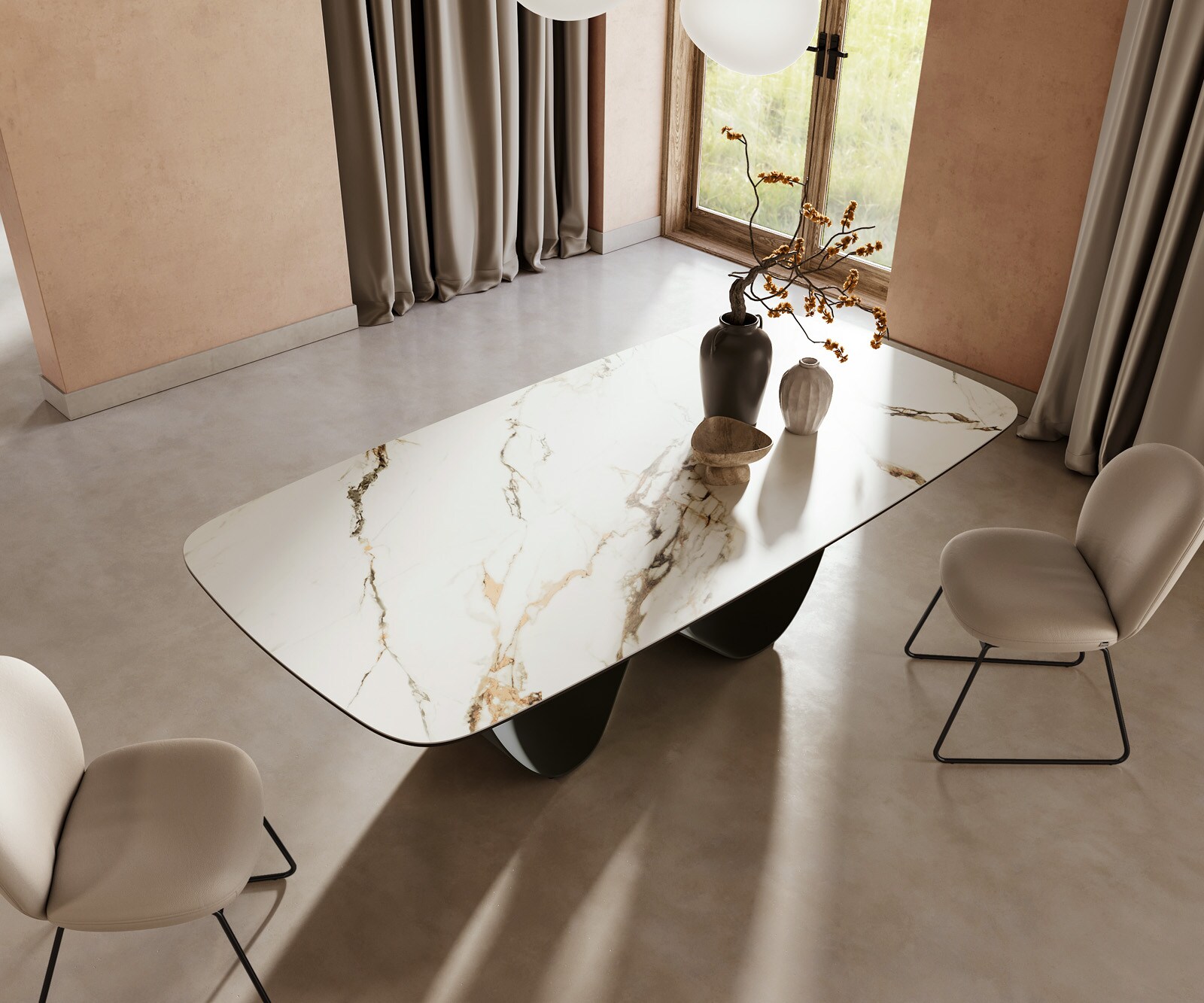 Table à manger Edge Boot 240x120cm céramique Calacatta Luxe blanc-doré-gris Infinity métal noir 4