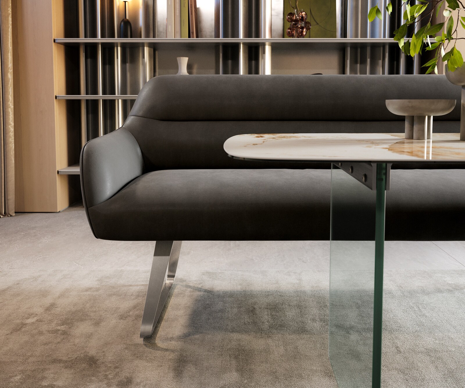 Banc-de-salle-à-manger Taya-Flex 200 cm microfibre antracite vintage châssis à patins plat acier inoxydable ressort ensaché 1