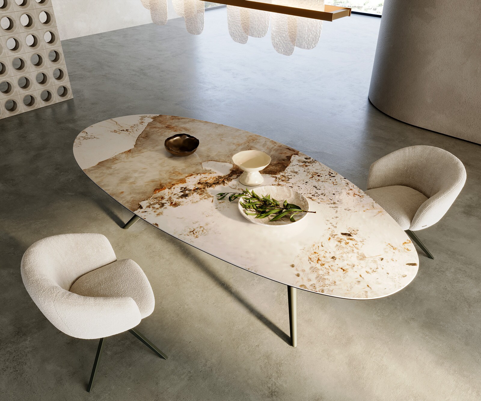 Table-à-manger Edge Oval 280x130 Céramique Minas Melange Blanc-Beige Estelar ronde Métal finition effet titane 1