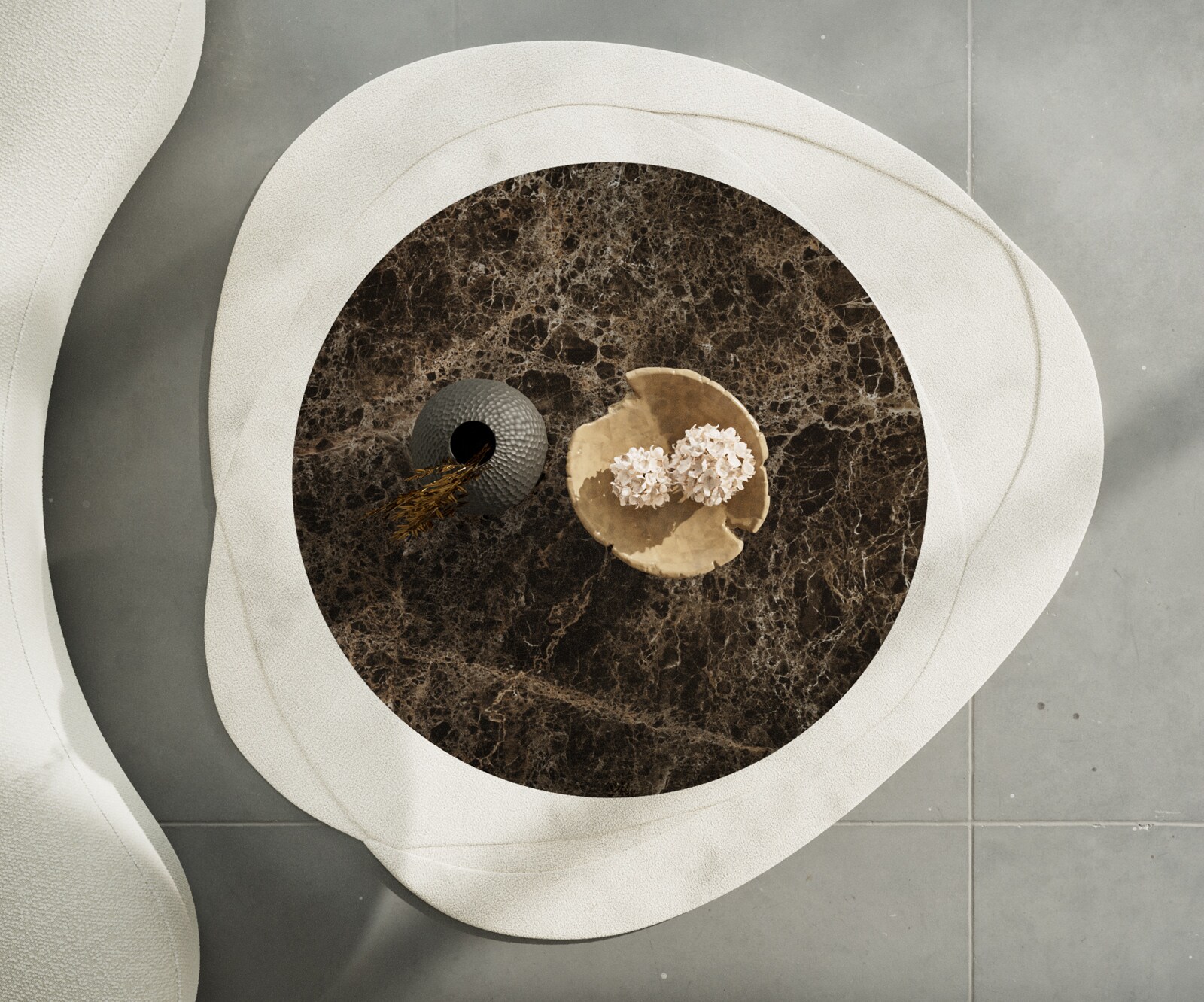 Table basse Edge rond 100x100 cm céramique Laminam® Emperador Extra Lucidato brun foncé Sarity acier inoxydable brossé 3