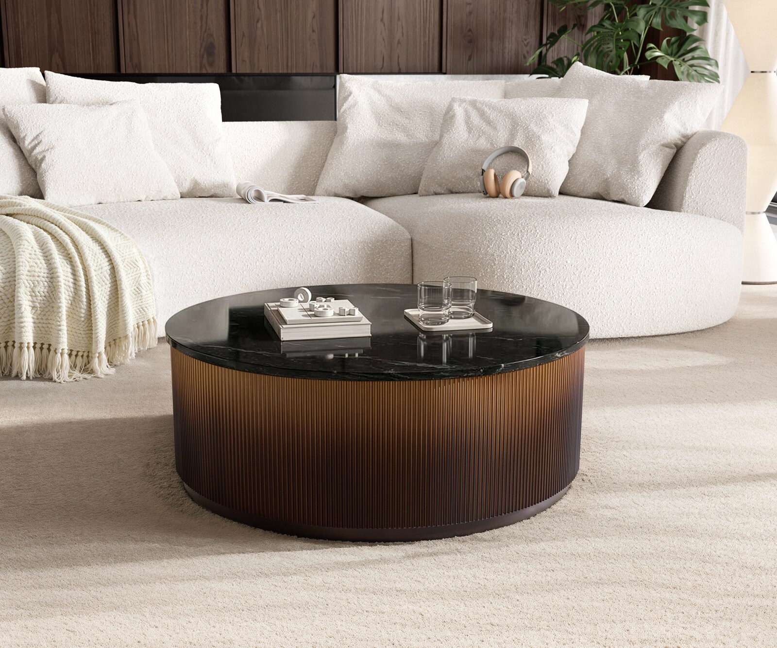 Table basse Fiorano 90 x 90 cm marbre noir métal argenté et doré effet ombré 1