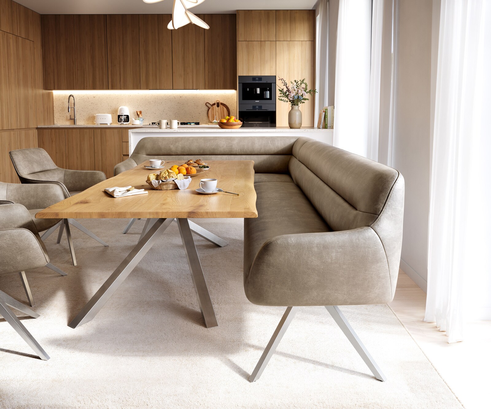 Banc-de-salle-à-manger Taya-Flex 285x190 cm microfibre beige vintage pied croisé angulaire acier inoxydable ressort ensaché à droite 2