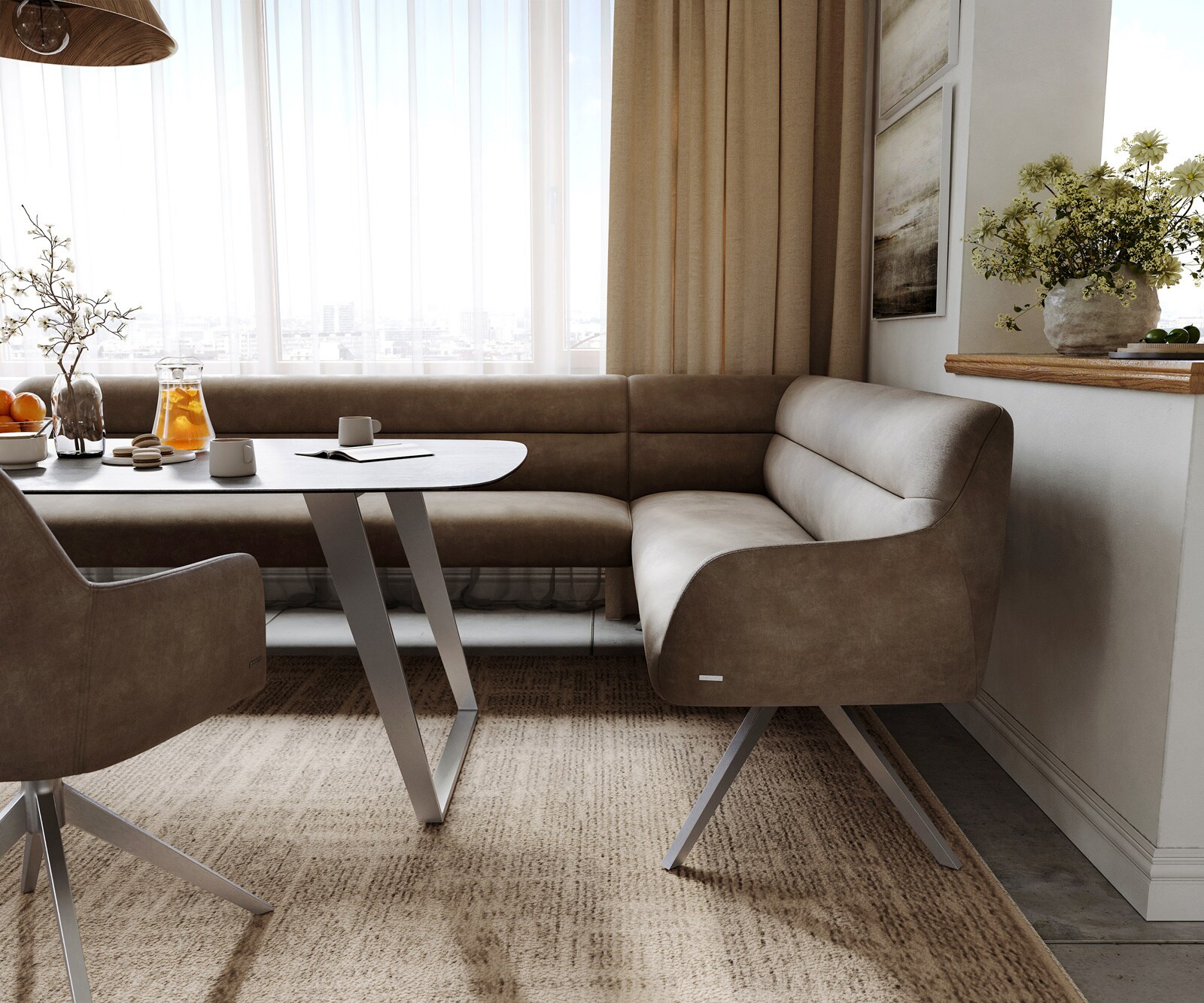 Banc-de-salle-à-manger Taya-Flex 285x190 cm microfibre taupe vintage pied croisé angulaire acier inoxydable ressort ensaché liens 5