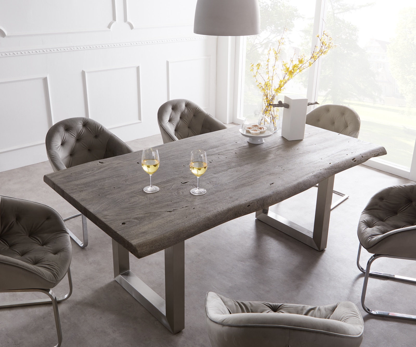 Table-à-manger Edge 220x100cm XL acacia platine acier inoxydable large Live-Edge 2 Table-à-manger Edge 220x100cm XL acacia platine acier inoxydable large Live-Edge 2