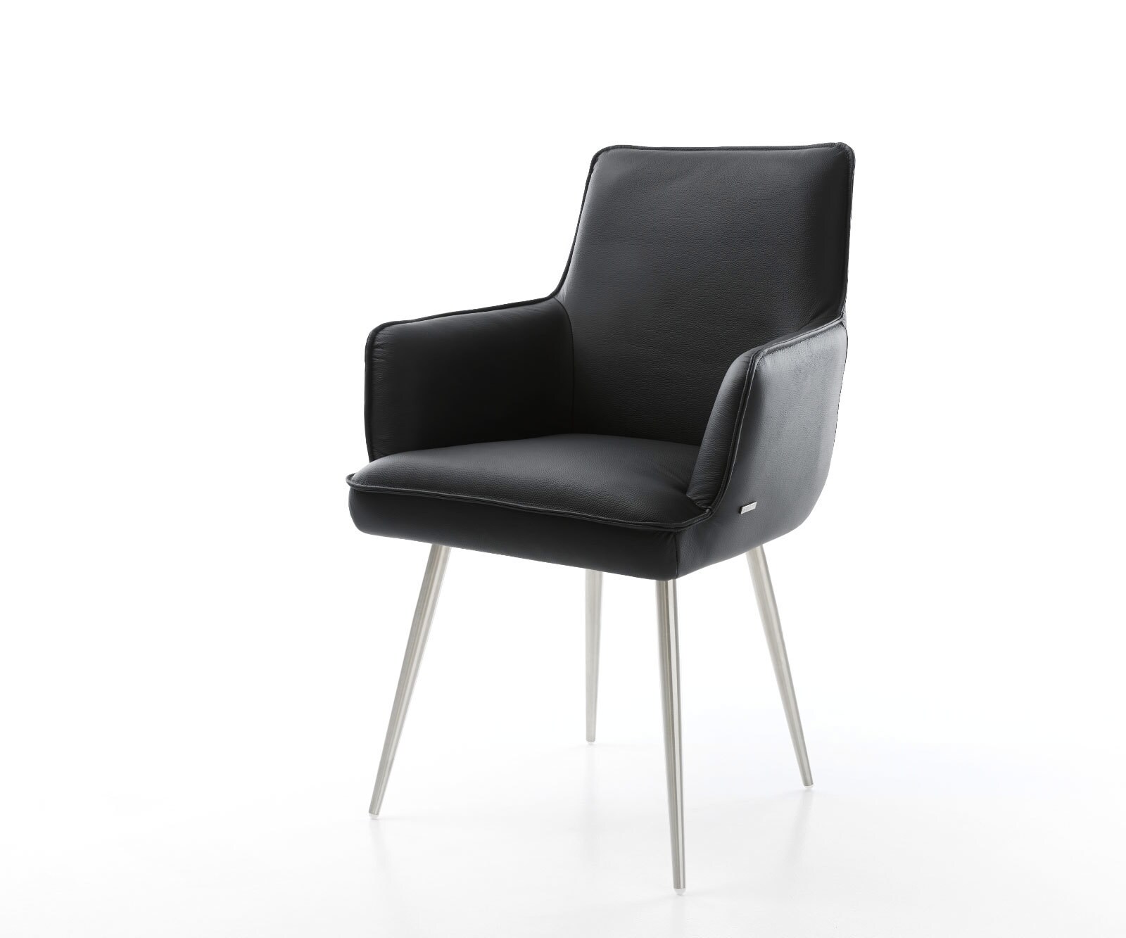 Chaise-de-salle-à-manger Heira-Flex avec accoudoirs cuir de vache noir 4 pieds coniques acier inoxydable brossé ressorts ensachés
